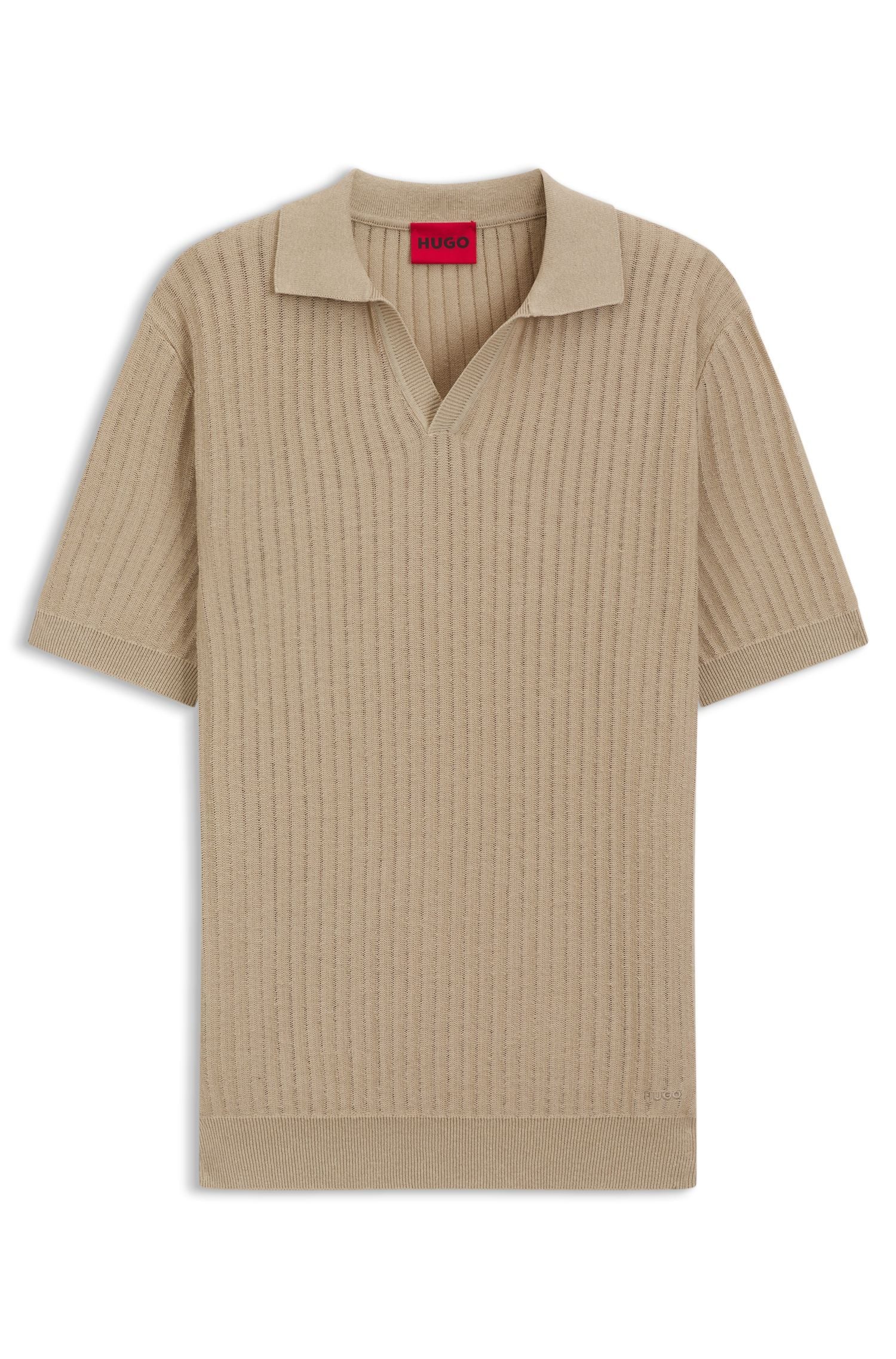 Áo polo cổ bẻ dệt kim bằng vải jacquard cotton-linen.