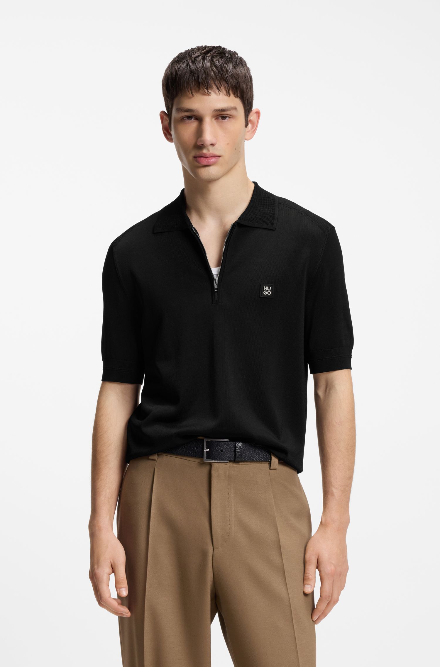 HUGO - Áo polo dệt kim cổ khóa kéo