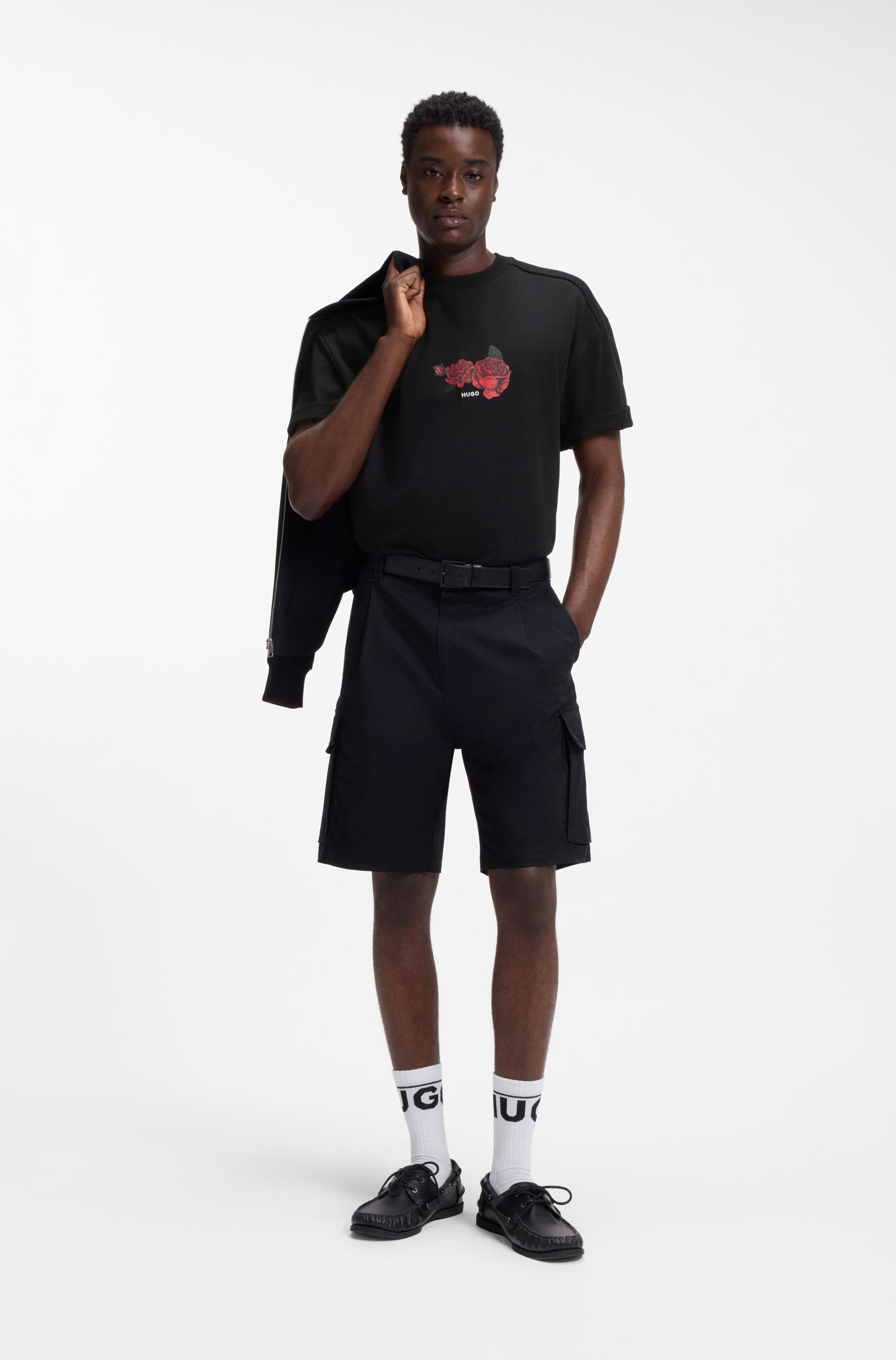 HUGO - Áo thun cotton hoạ tiết hoa hồng