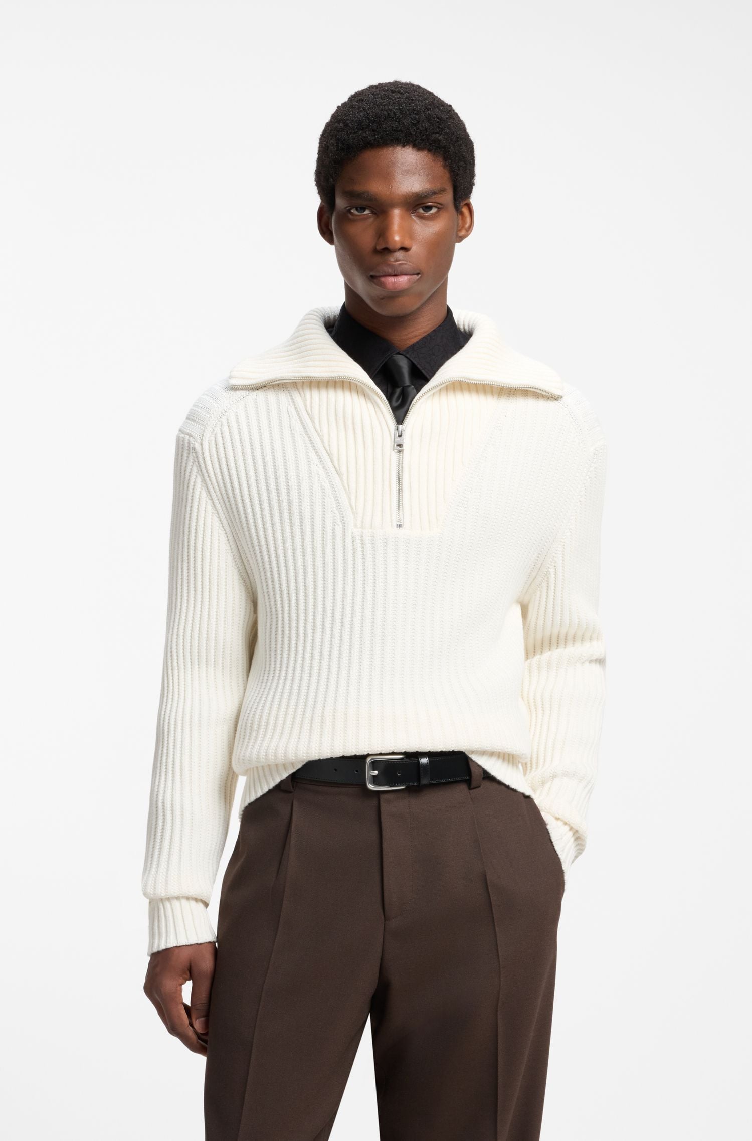 Áo len relaxed fit cotton gân cổ khóa kéo