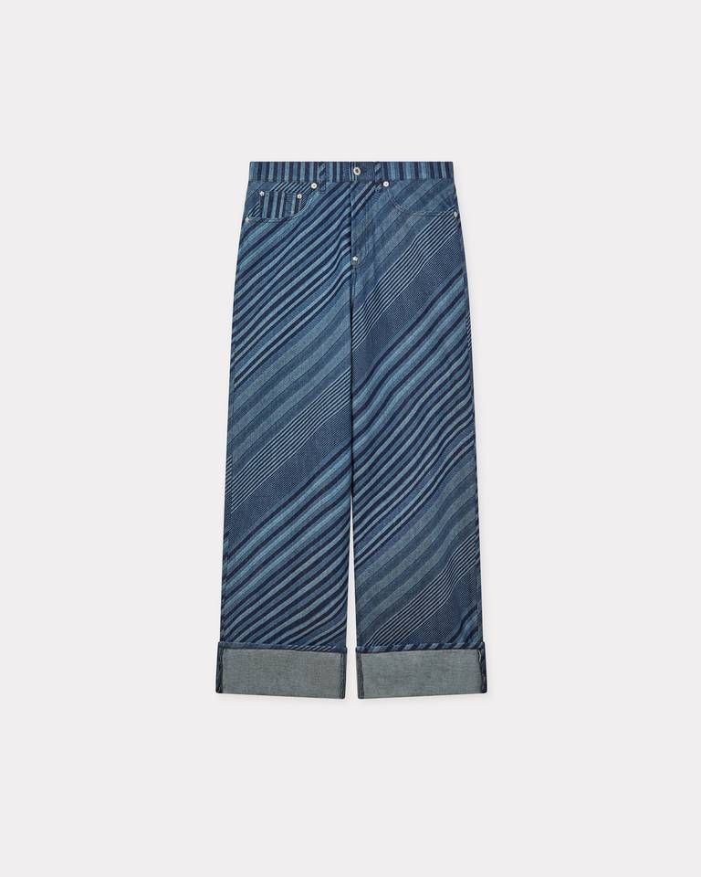 Quần jeans ống rộng gập gấu họa tiết sọc KENZO Diagonal Stripe vải denim Nhật