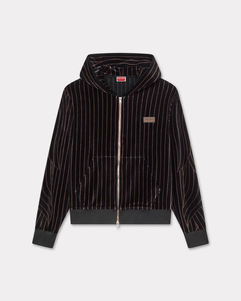 Áo hoodie kéo khóa KENZO Leaf Stripe vải nhung