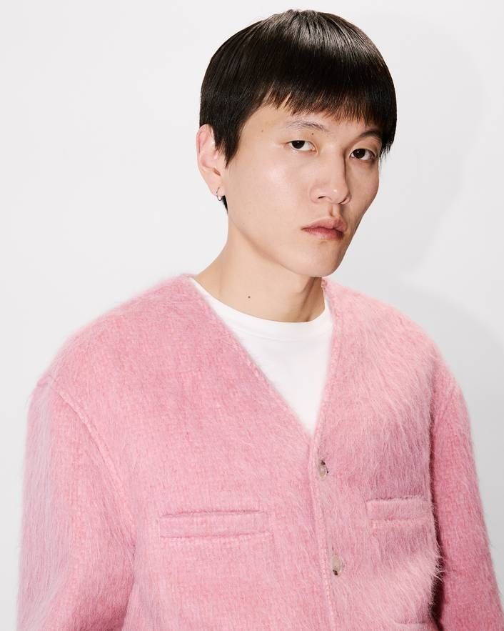 Kenzo - Áo jacket không cổ vải len alpaca lông xù và mohair