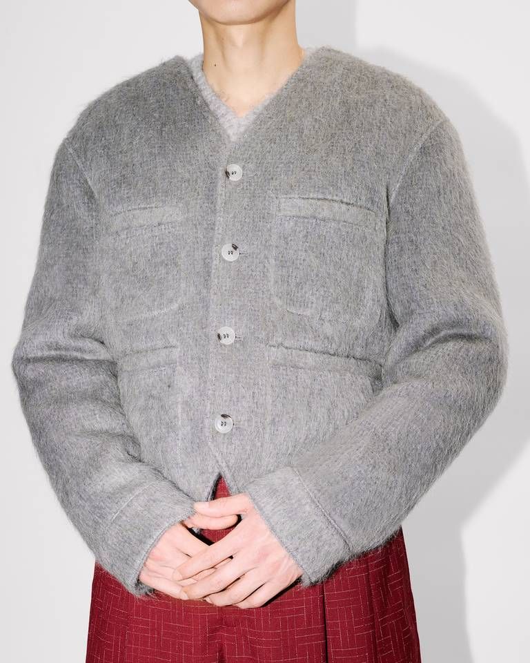 Kenzo - Áo jacket không cổ vải len alpaca lông xù và mohair