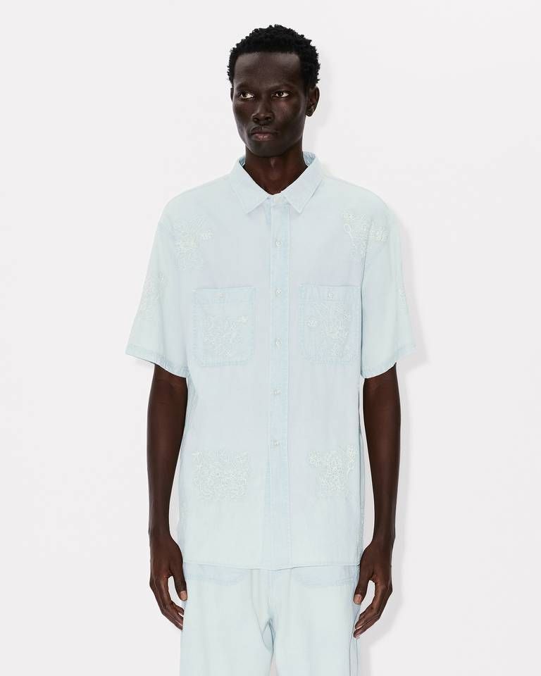 Kenzo - Áo sơ mi ngắn tay thêu KENZO Cartoon màu xám nhạt (stone bleach chambray)
