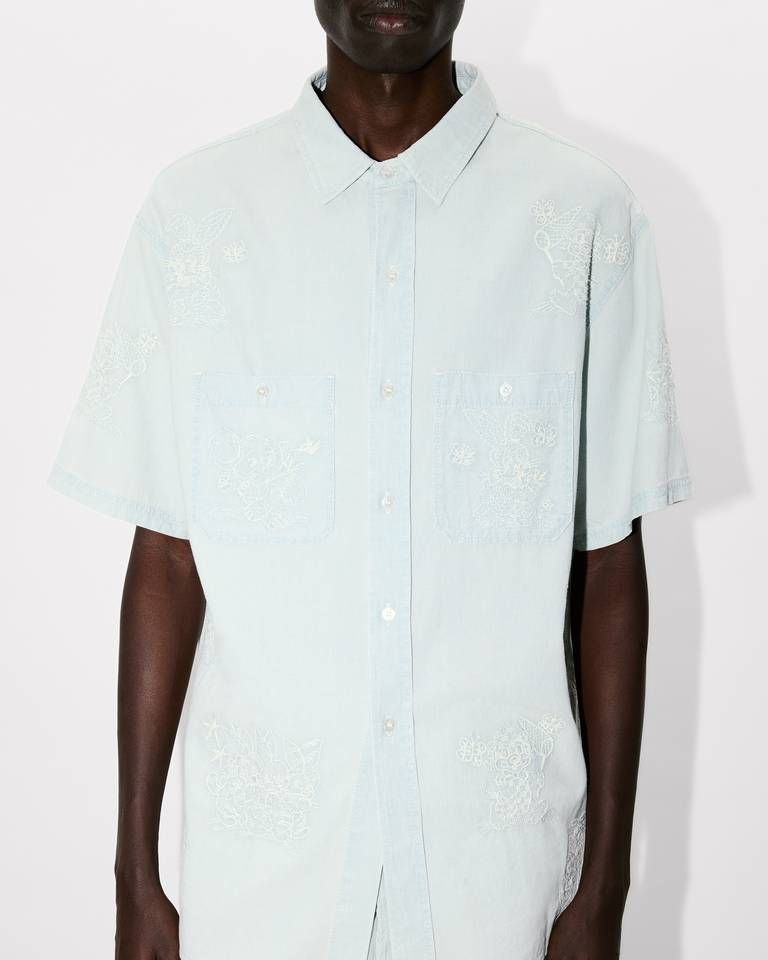 Áo sơ mi ngắn tay thêu KENZO Cartoon màu xám nhạt (stone bleach chambray)