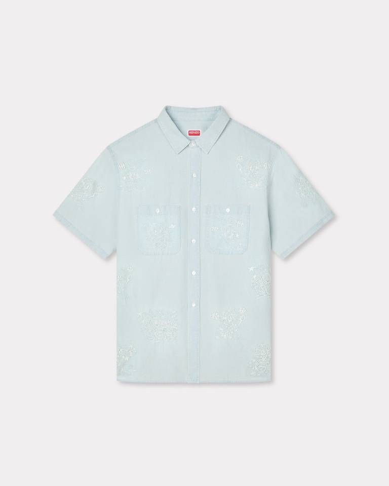 Áo sơ mi ngắn tay thêu KENZO Cartoon màu xám nhạt (stone bleach chambray)