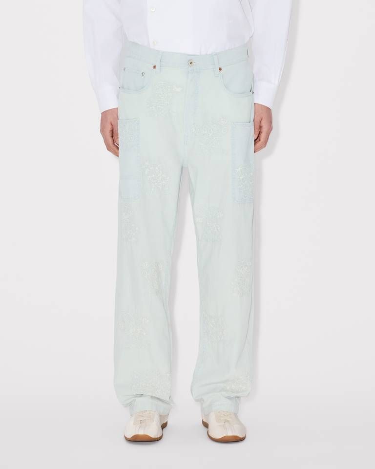 Quần cargo jeans thêu hình khỉ KENZO Cartoon chambray bạc màu