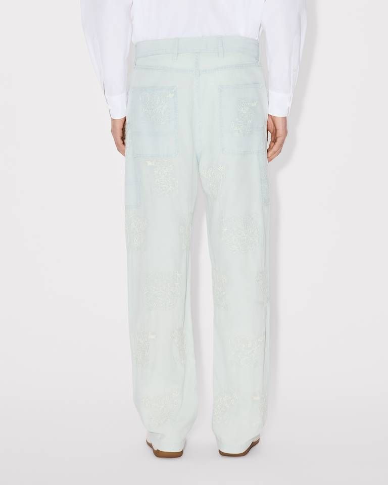 Quần cargo jeans thêu hình khỉ KENZO Cartoon chambray bạc màu