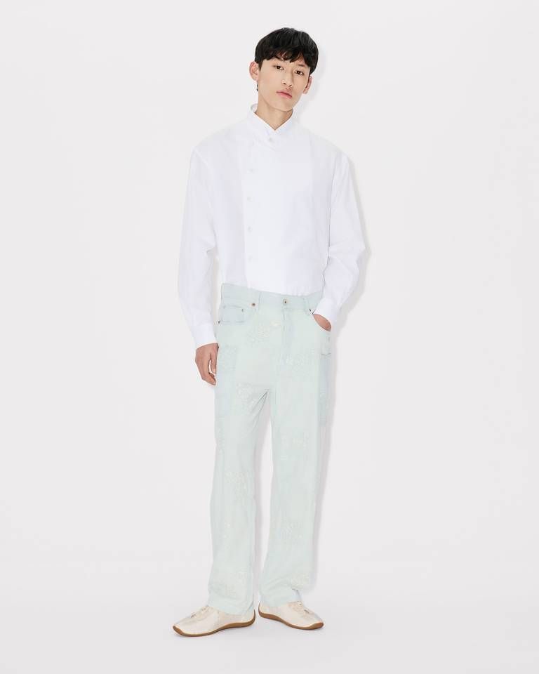 Quần cargo jeans thêu hình khỉ KENZO Cartoon chambray bạc màu