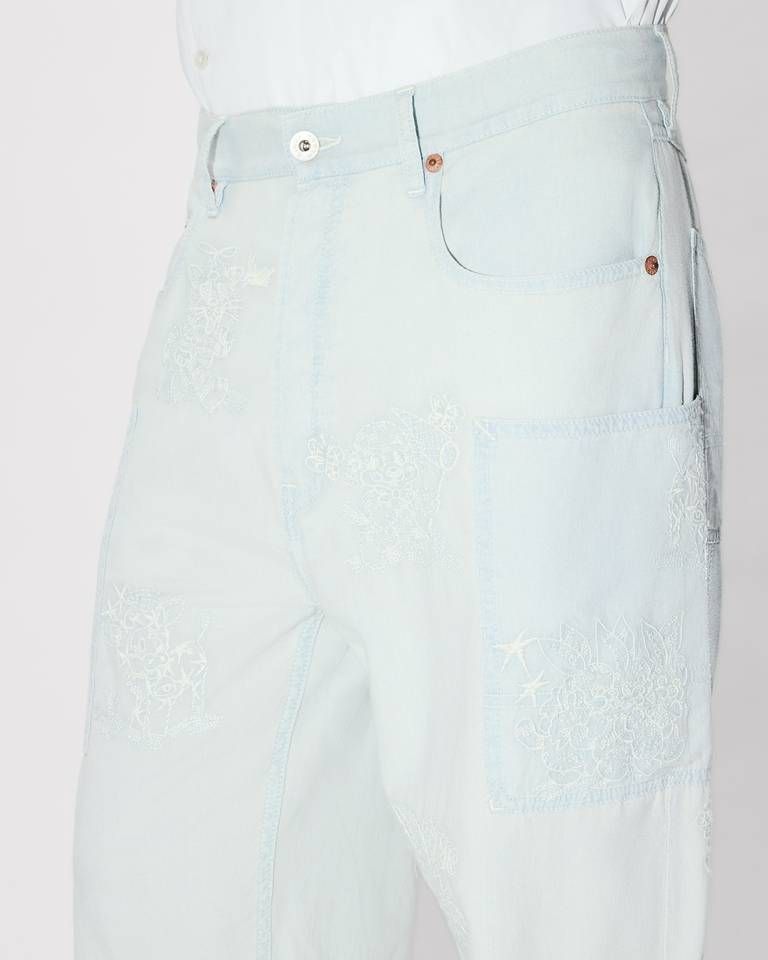 Quần cargo jeans thêu hình khỉ KENZO Cartoon chambray bạc màu