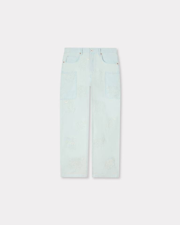Quần cargo jeans thêu hình khỉ KENZO Cartoon chambray bạc màu