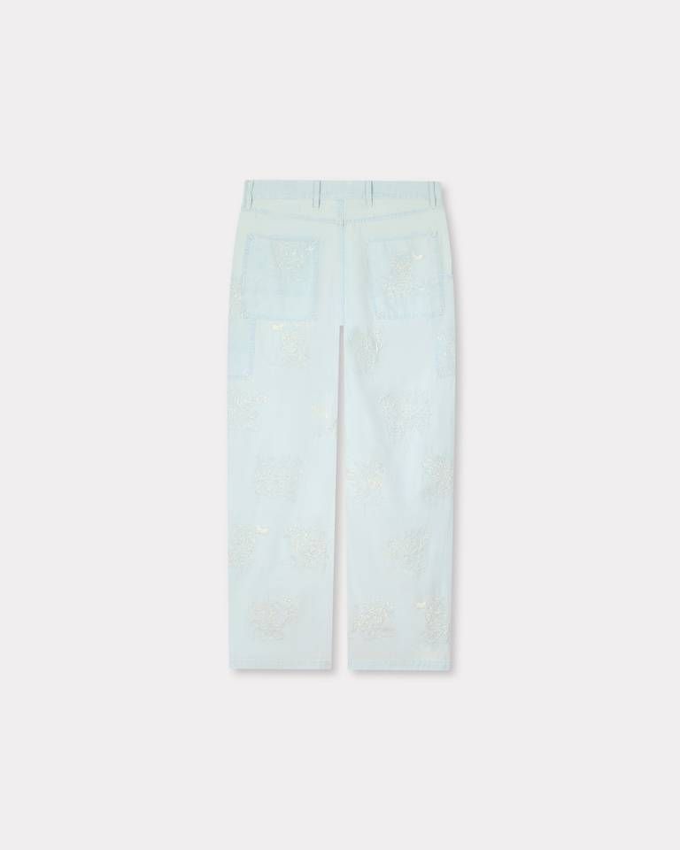 Quần cargo jeans thêu hình khỉ KENZO Cartoon chambray bạc màu