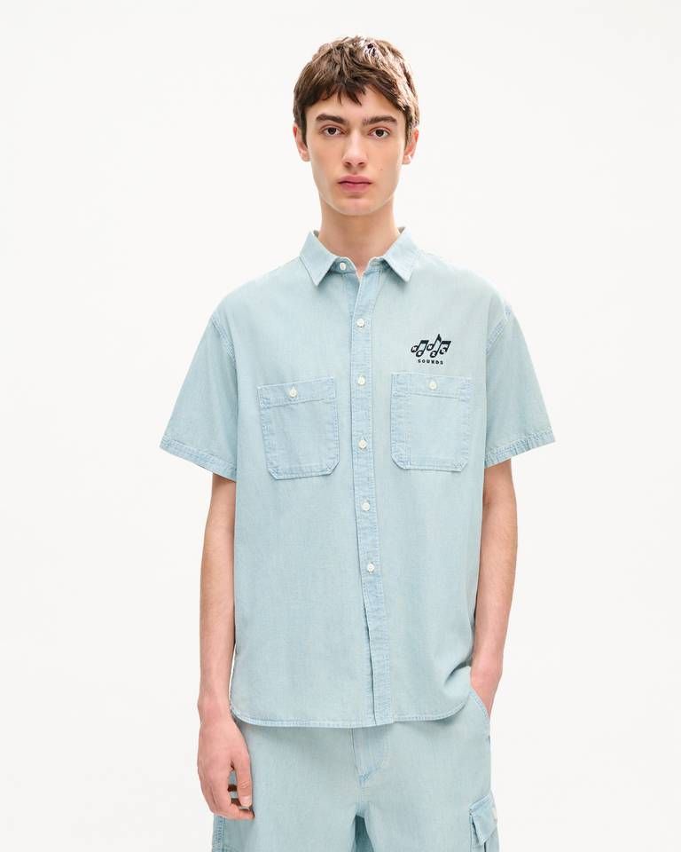 Áo sơ mi ngắn tay KENZO Sounds màu xám nhạt (stone bleach chambray) kiểu dáng thường ngày