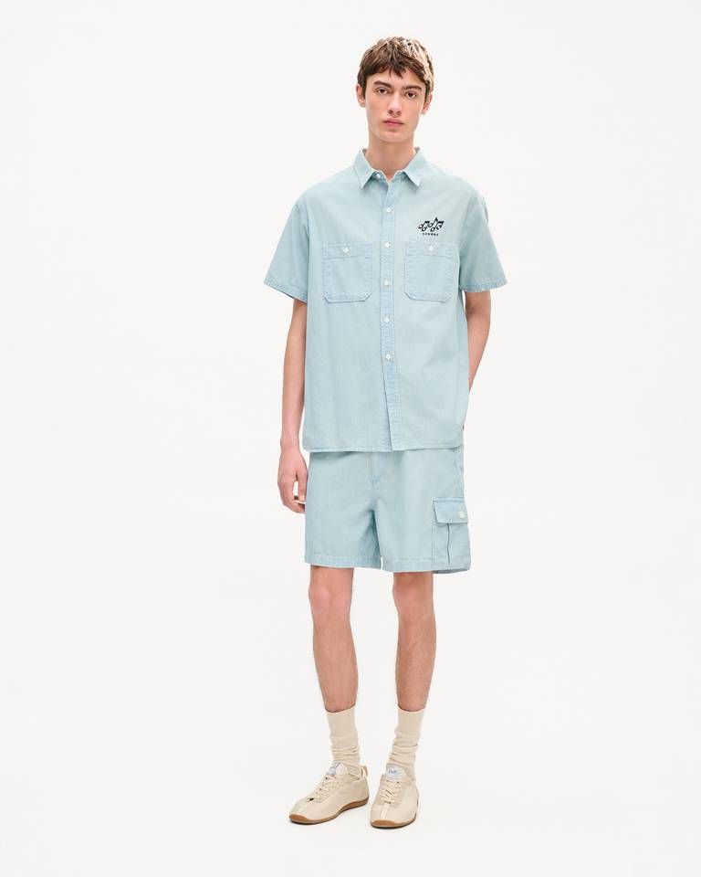 Áo sơ mi ngắn tay KENZO Sounds màu xám nhạt (stone bleach chambray) kiểu dáng thường ngày