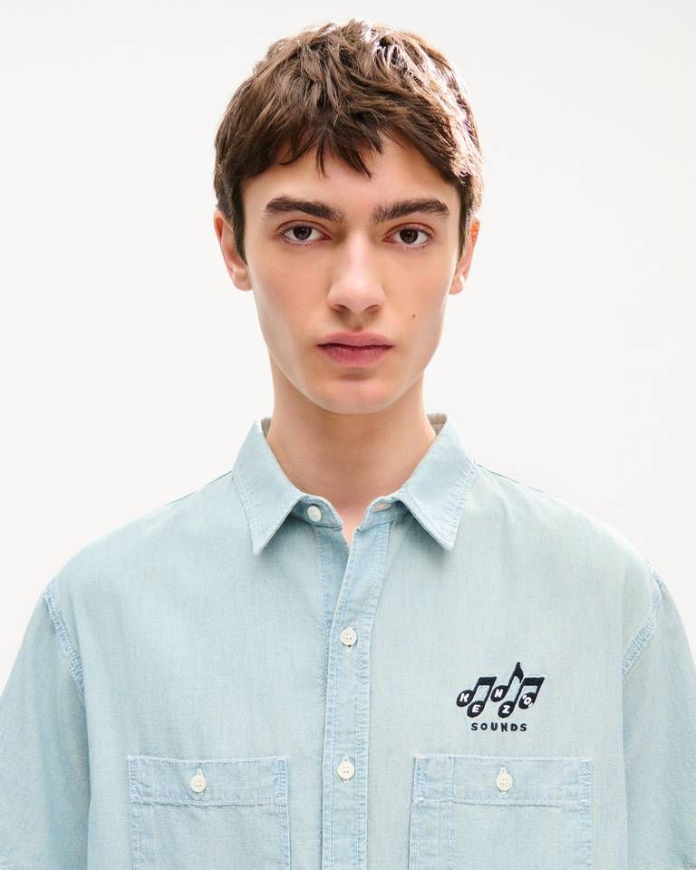 Áo sơ mi ngắn tay KENZO Sounds màu xám nhạt (stone bleach chambray) kiểu dáng thường ngày