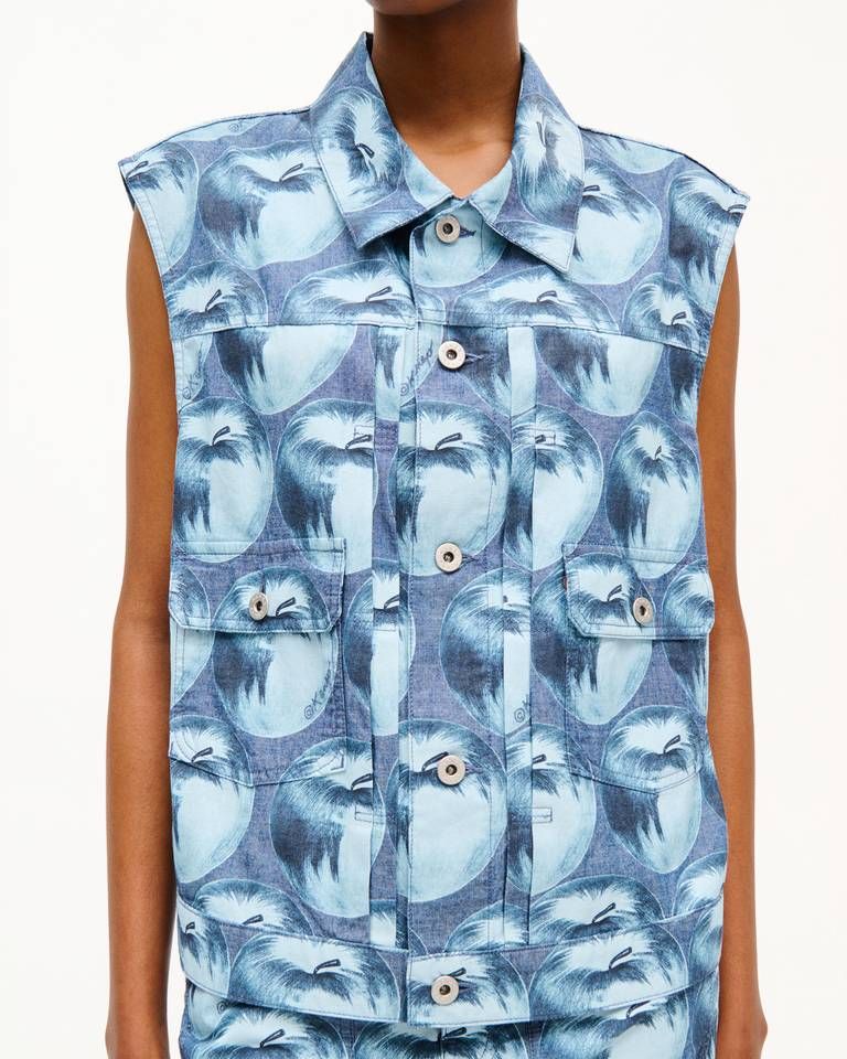 Áo khoác gile dáng ngắn unisex KENZO Apple Pop bằng vải denim Nhật Bản