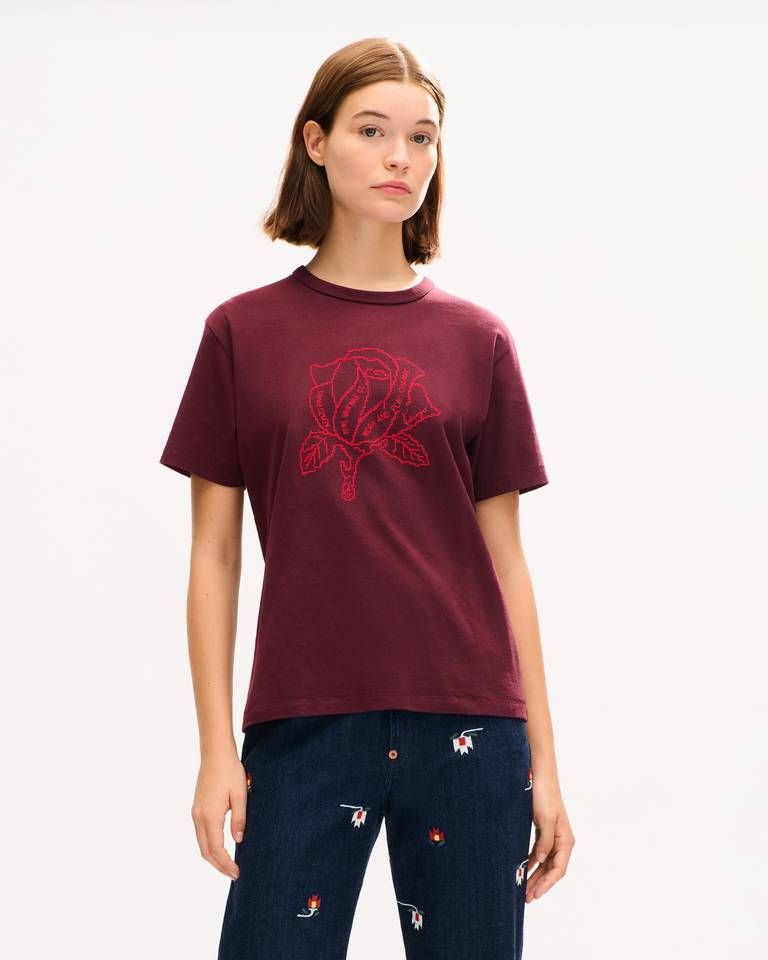 Áo thun cotton thêu KENZO Work And Play họa tiết hoa hồng