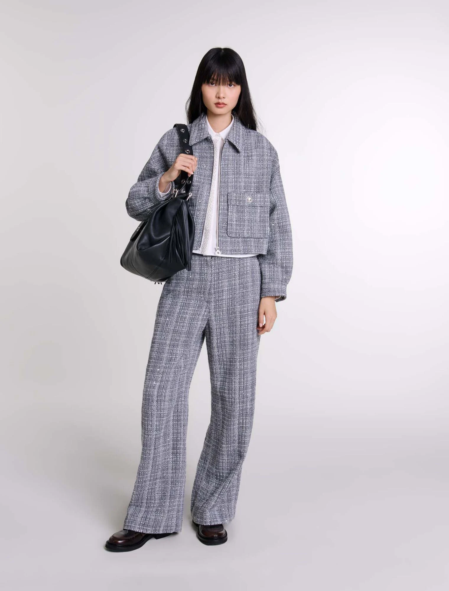 Maje - Áo khoác tweed sequin kẻ dáng crop