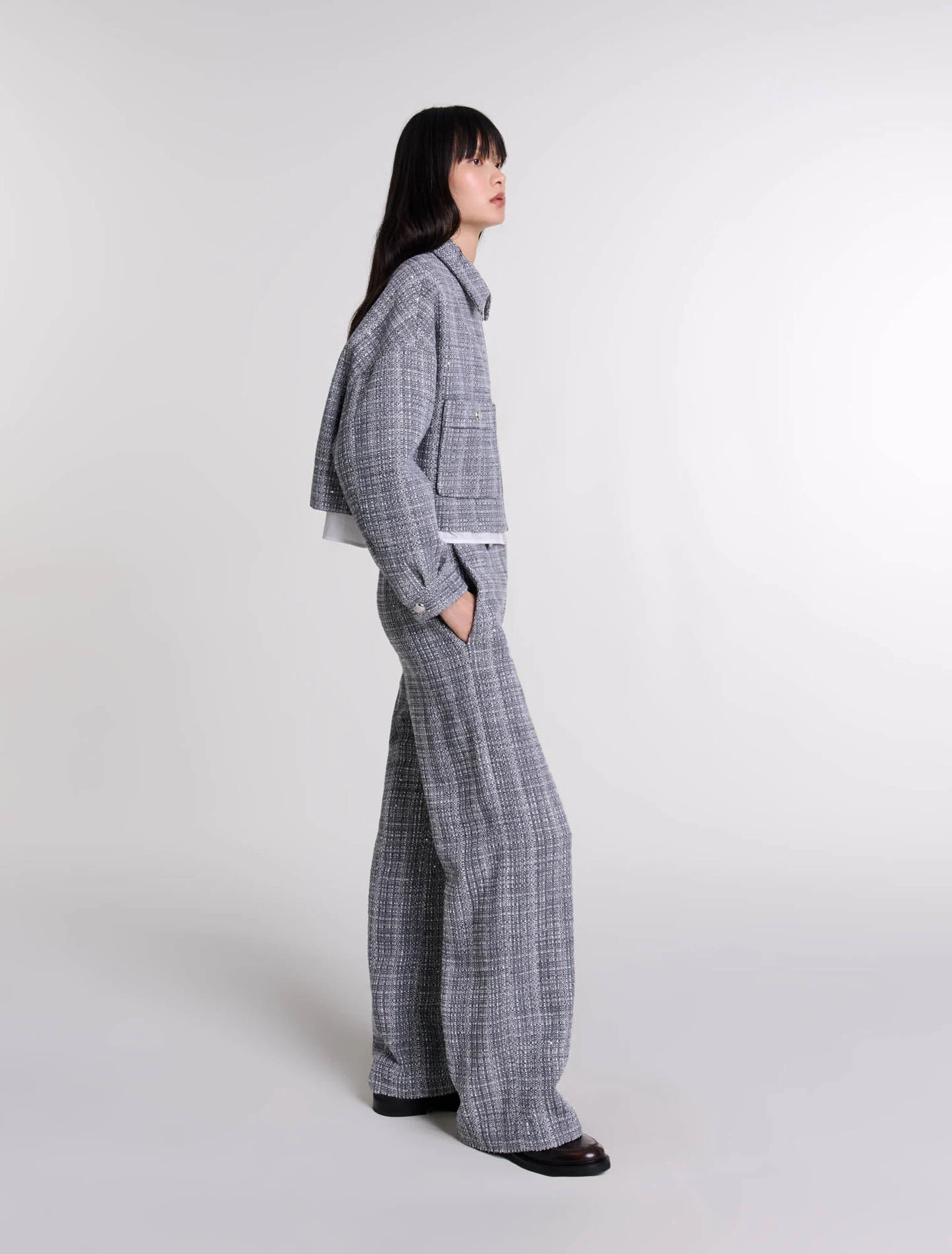 Maje - Áo khoác tweed sequin kẻ dáng crop