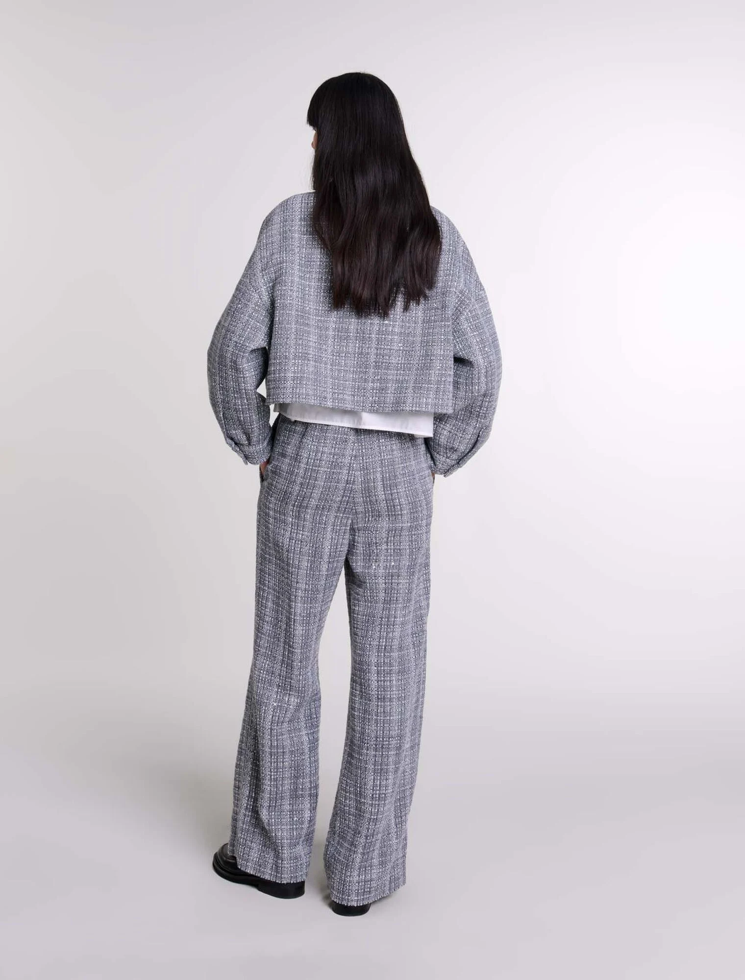 Maje - Áo khoác tweed sequin kẻ dáng crop