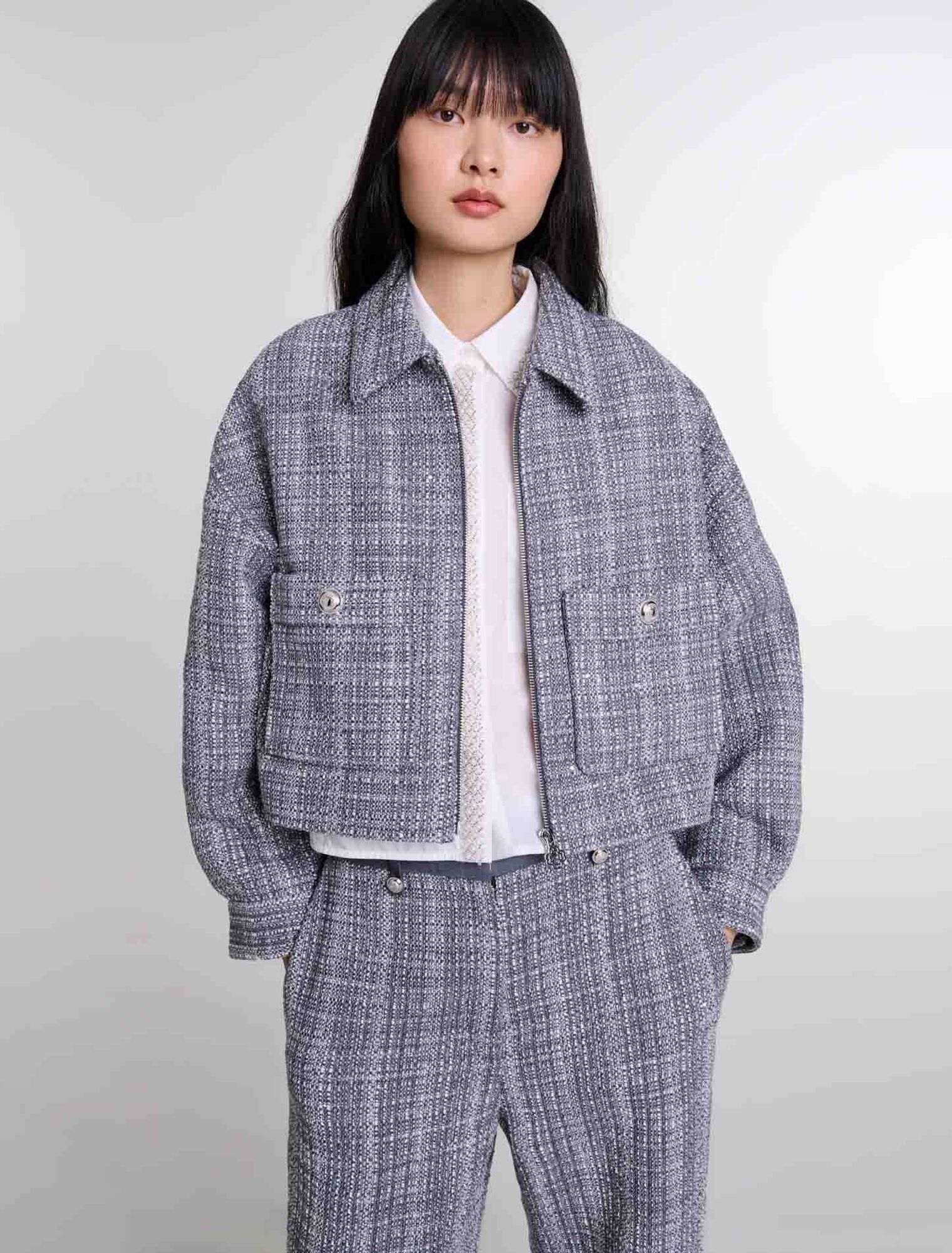 Maje - Áo khoác tweed sequin kẻ dáng crop
