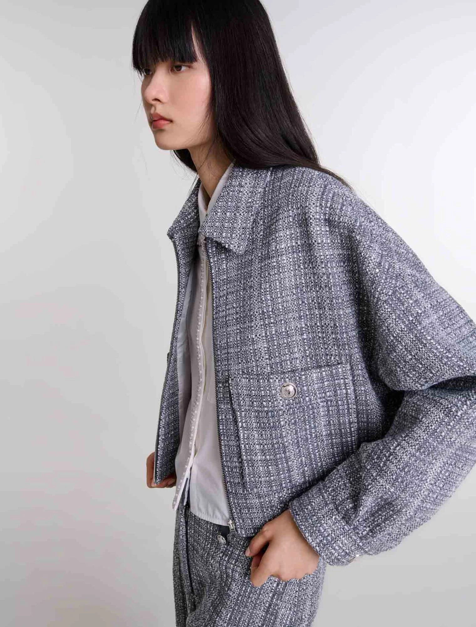 Maje - Áo khoác tweed sequin kẻ dáng crop