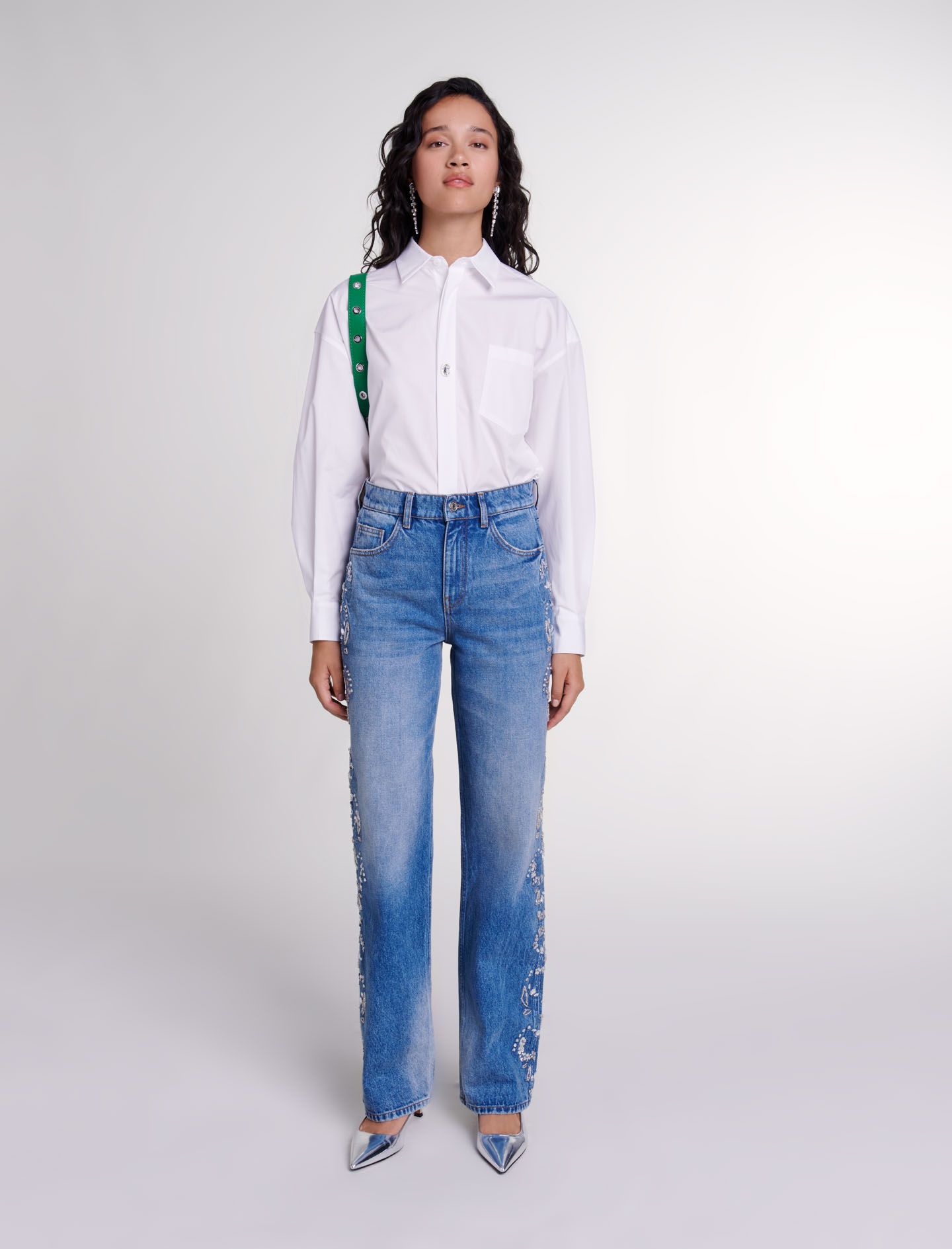 Maje - Quần jeans ống đứng đính đá