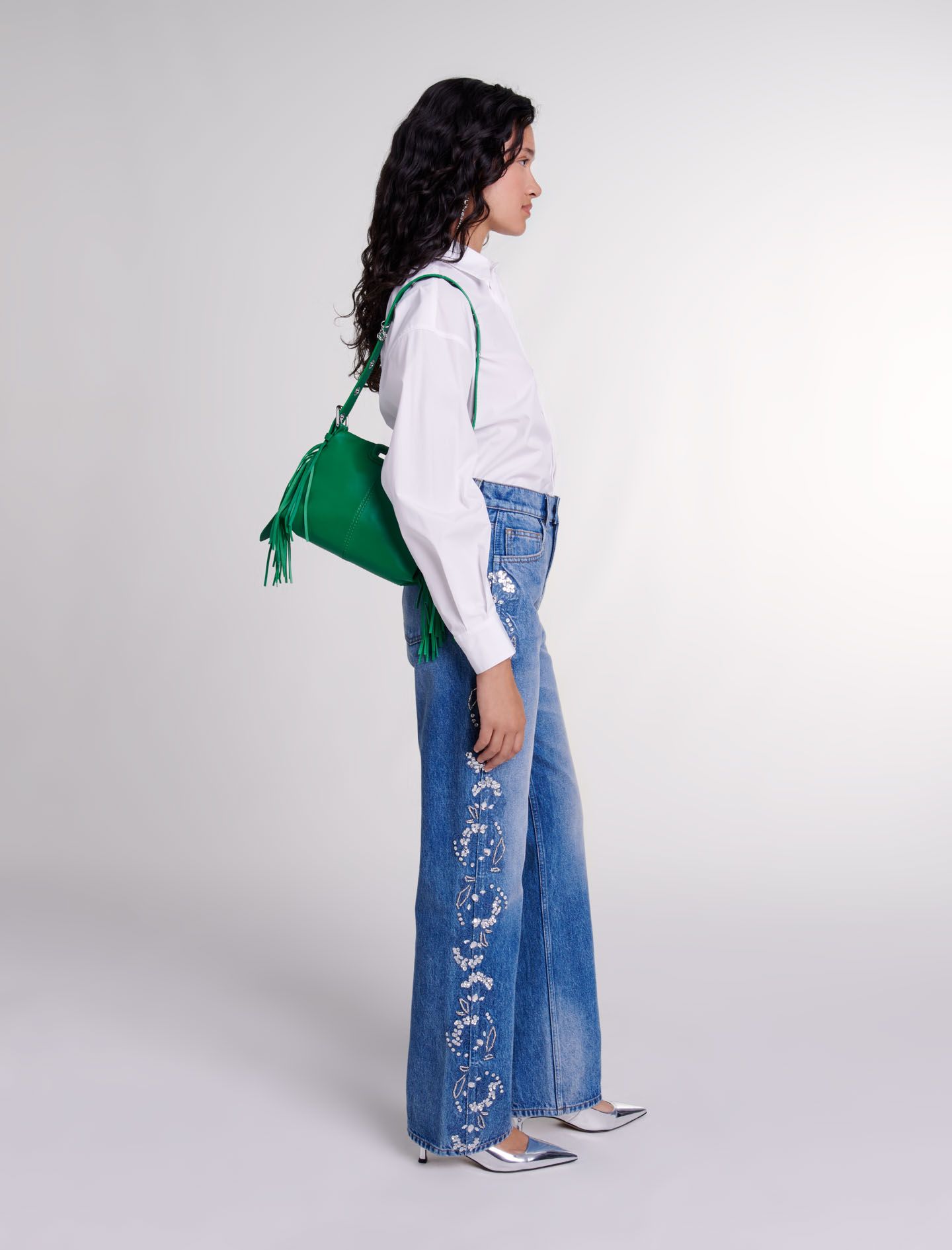 Maje - Quần jeans ống đứng đính đá