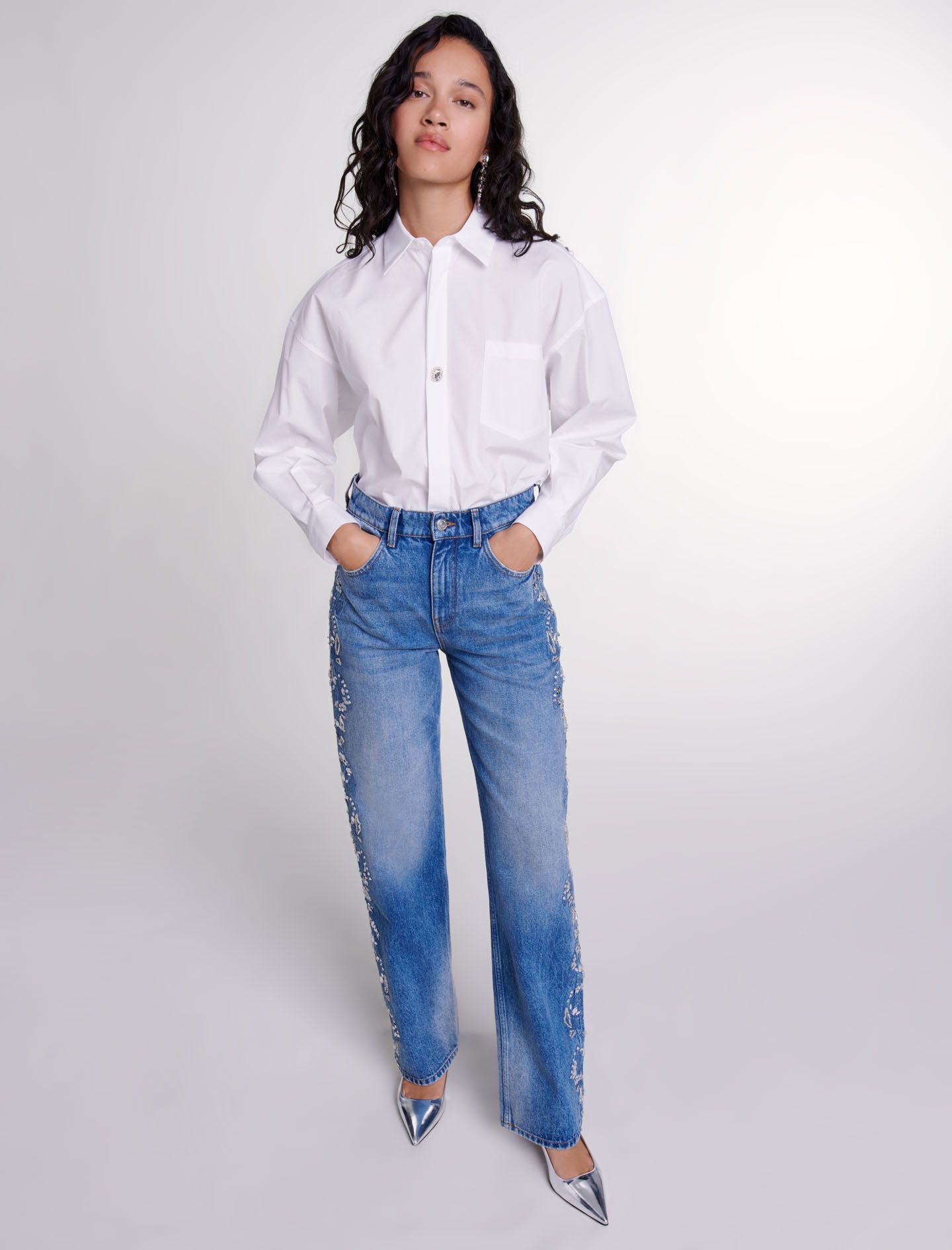 Maje - Quần jeans ống đứng đính đá