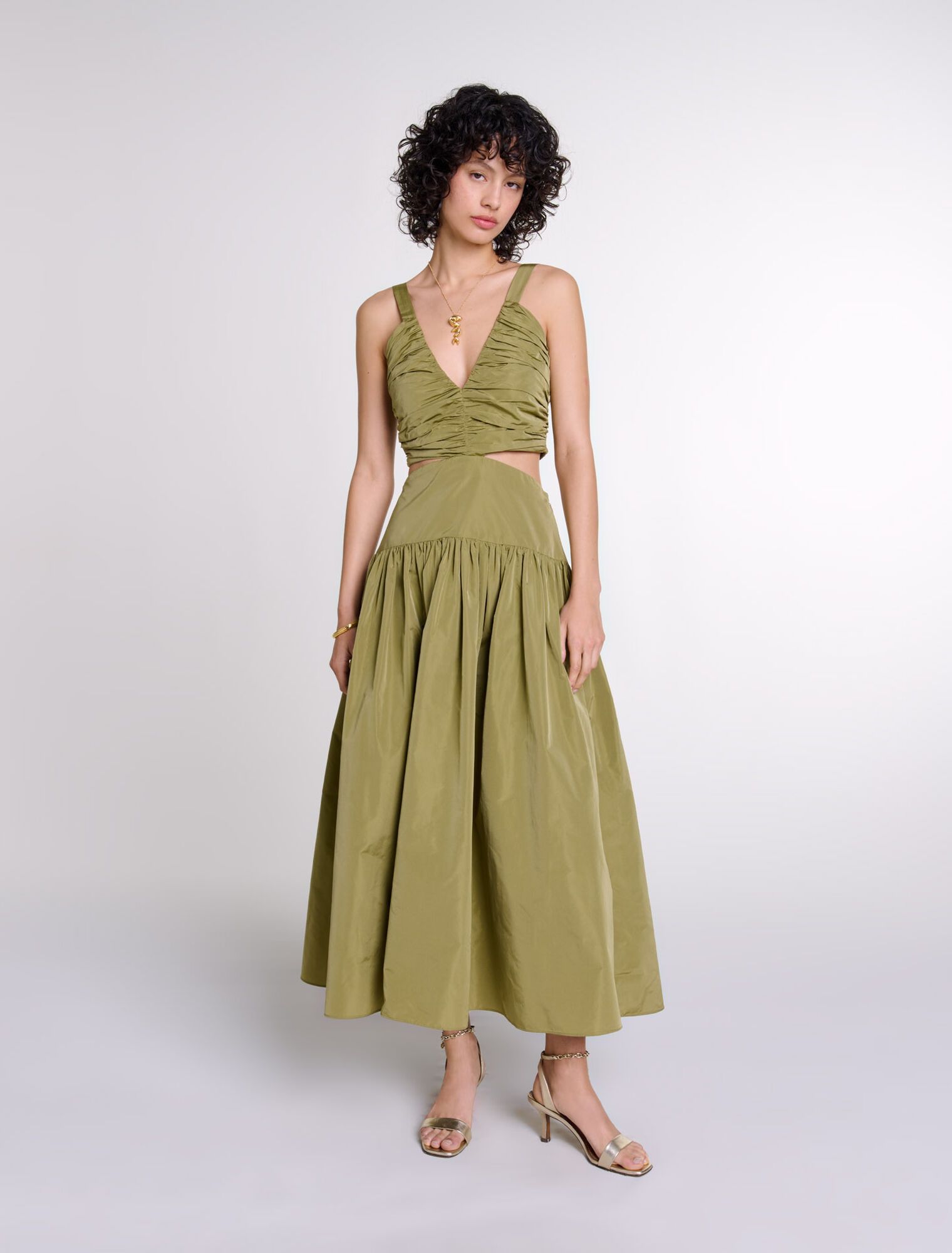 Maje - Đầm dài maxi taffeta cổ V cut-out