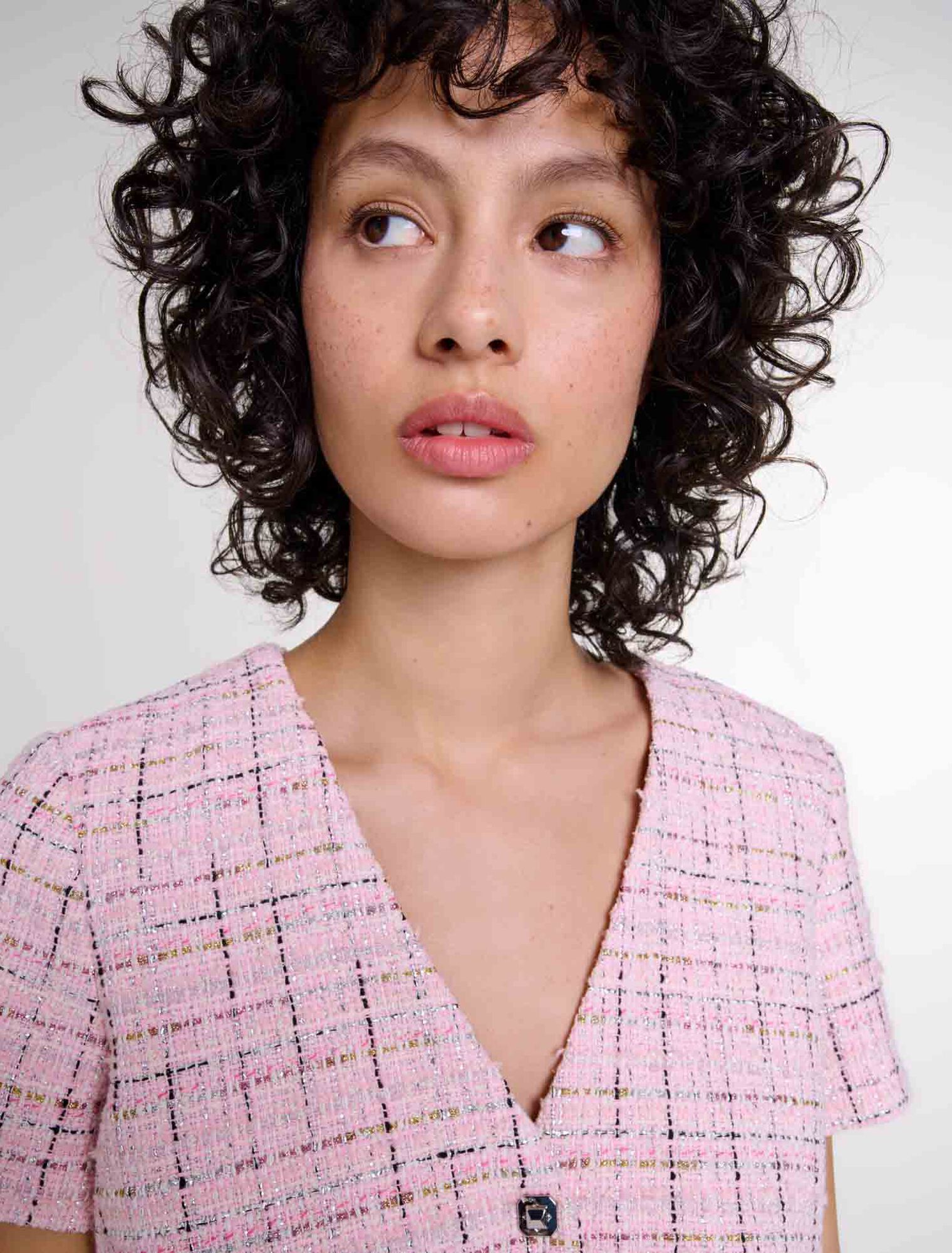 Maje - Đầm ngắn tweed ôm eo viền tua rua