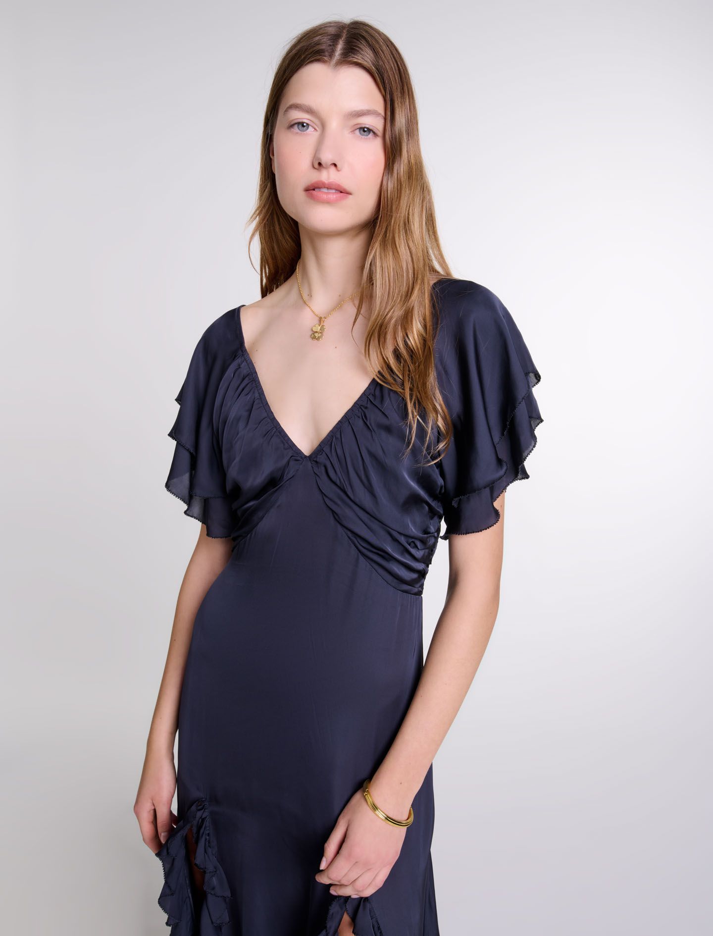 Maje - Đầm dài cổ V chi tiết xếp bèo
