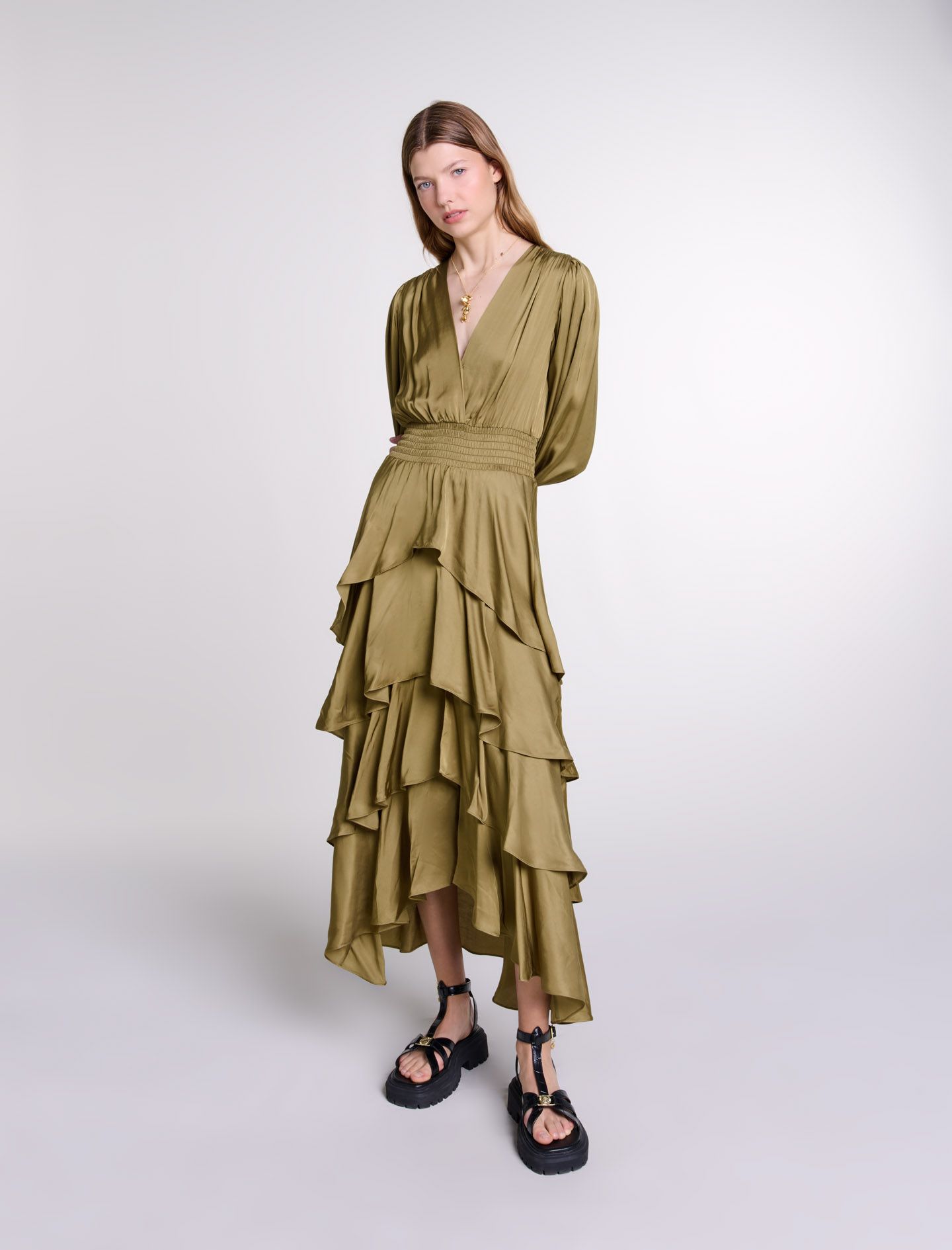 Maje - Đầm dài maxi ruffle xếp bèo hiệu ứng satin