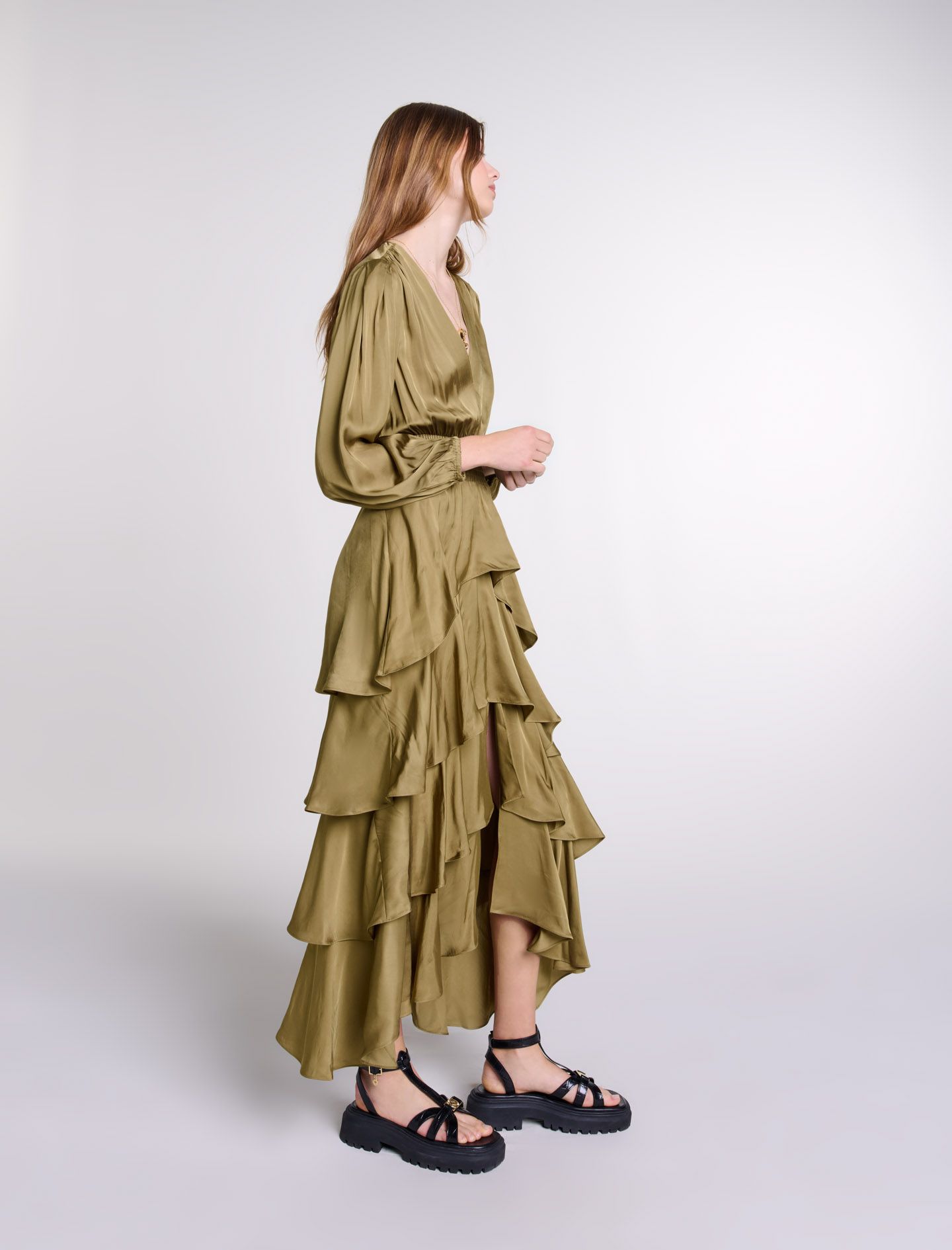 Maje - Đầm dài maxi ruffle xếp bèo hiệu ứng satin