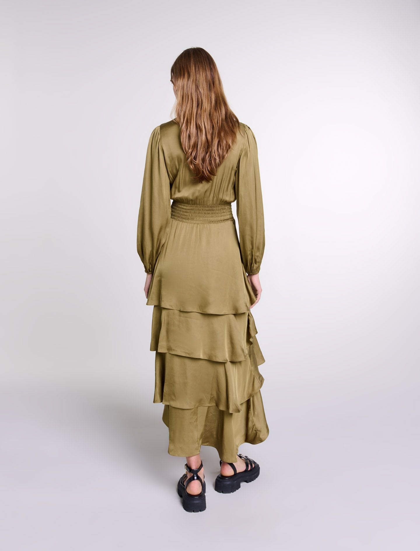Maje - Đầm dài maxi ruffle xếp bèo hiệu ứng satin