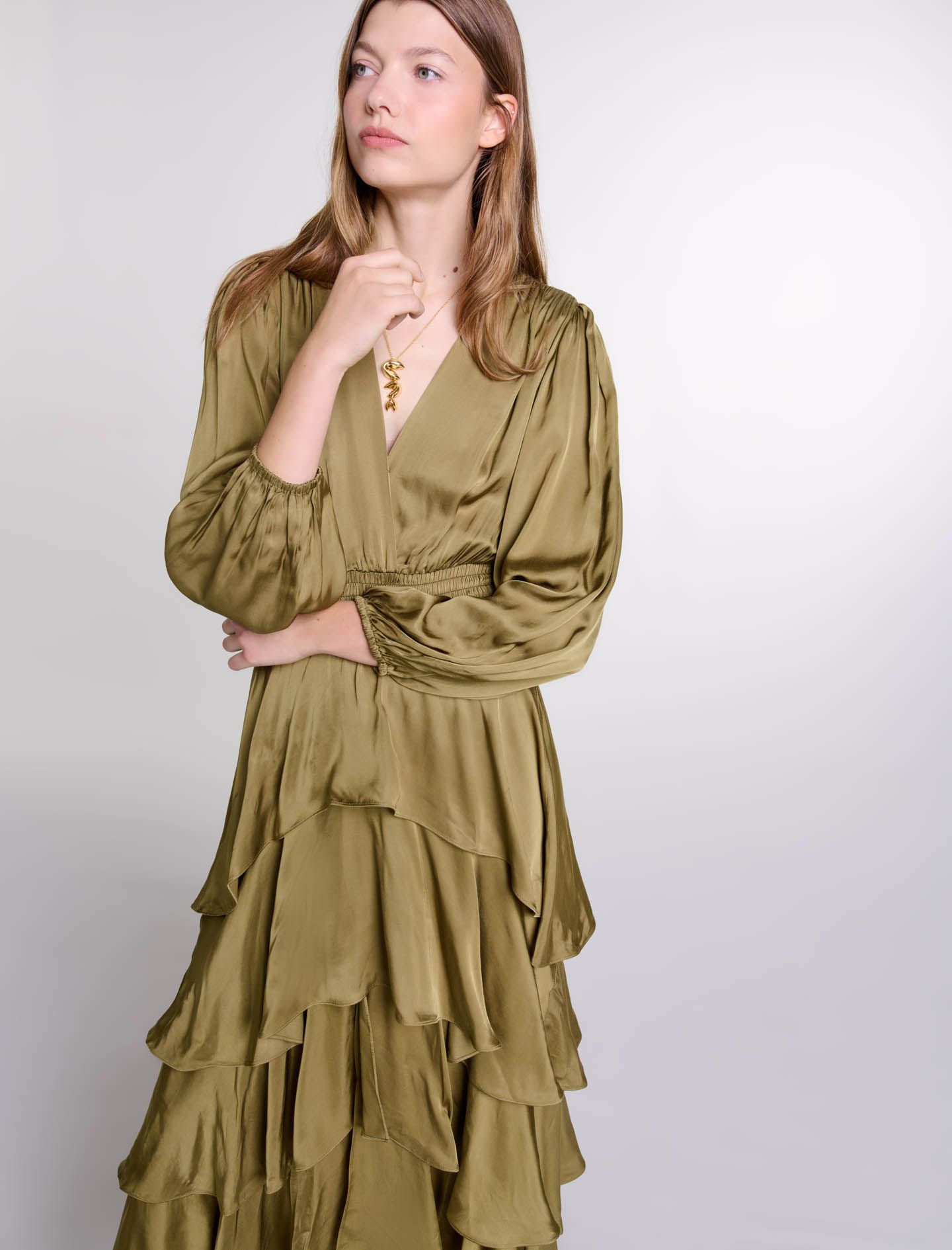 Maje - Đầm dài maxi ruffle xếp bèo hiệu ứng satin