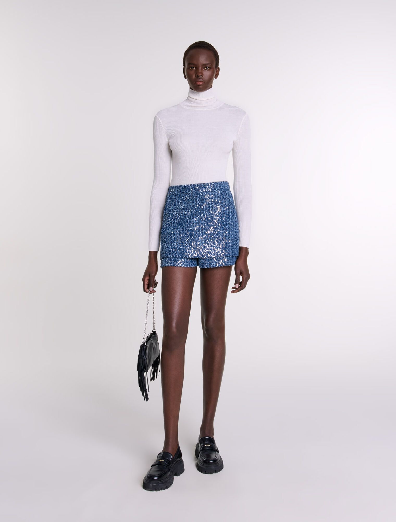 Maje - Quần short giả váy tweed hiệu ứng sequin