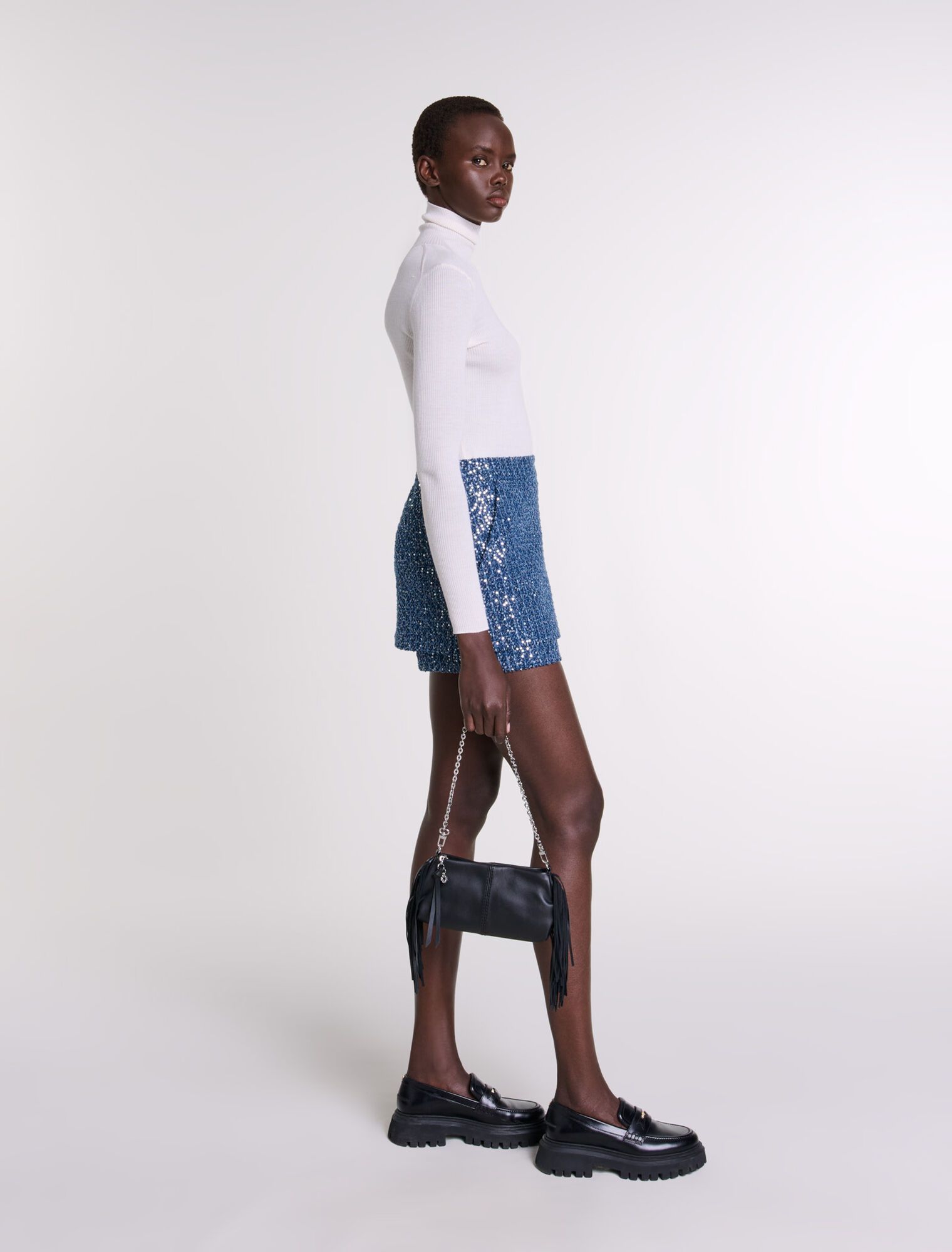 Maje - Quần short giả váy tweed hiệu ứng sequin