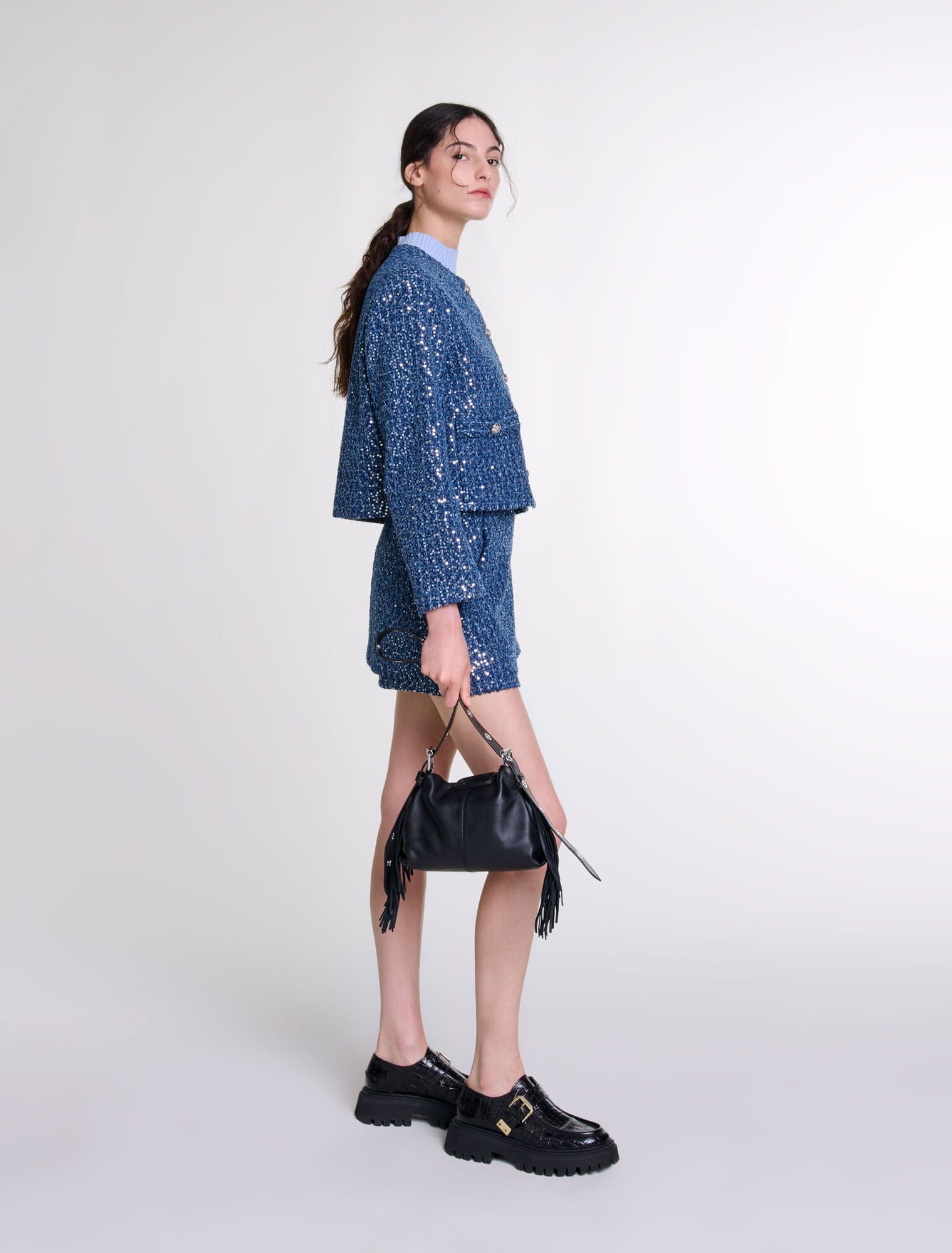 Maje - Áo khoác tweed sequin cổ tròn