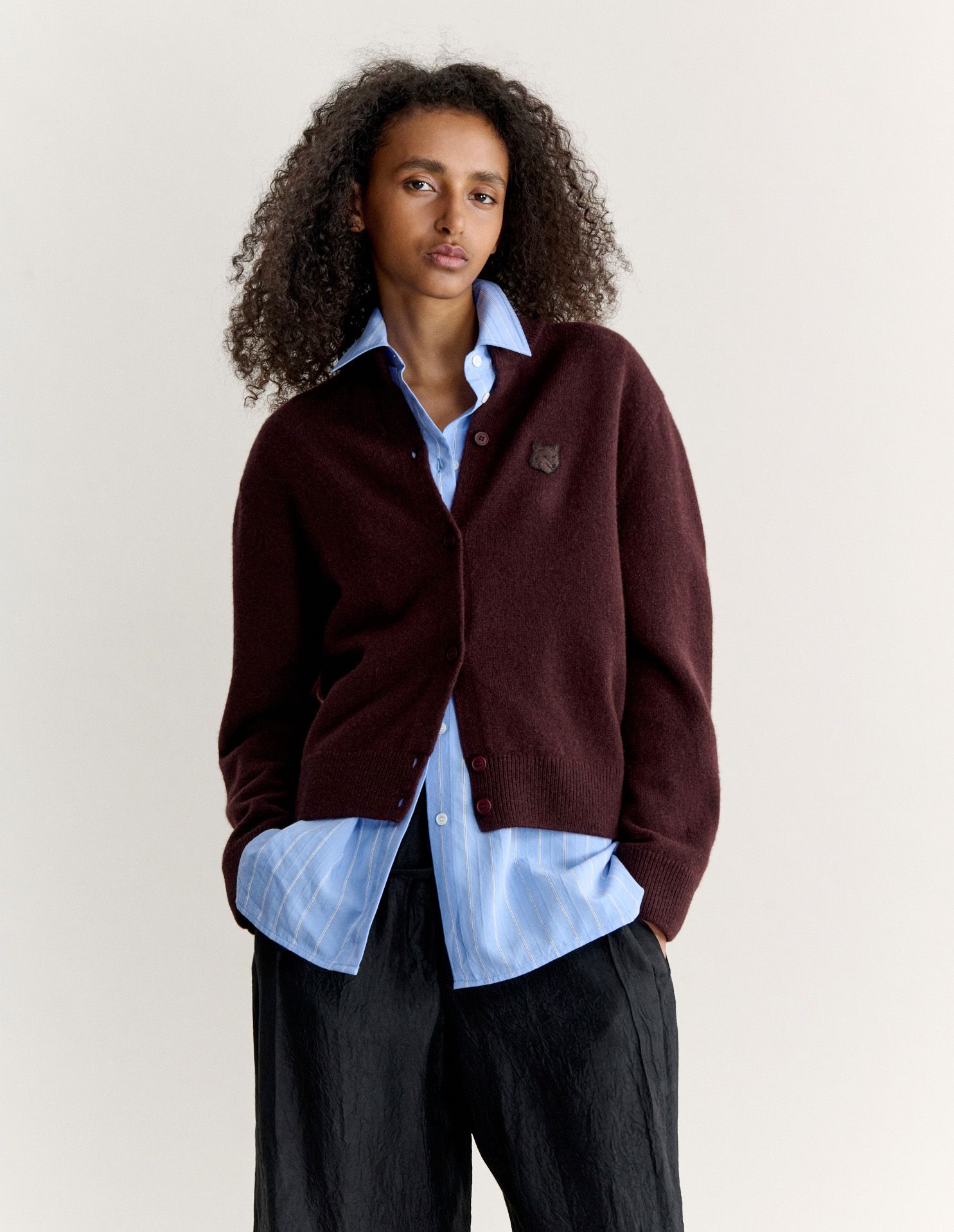 Áo cardigan nữ len lông cừu lambswool Fox Head cổ cao dáng boxy