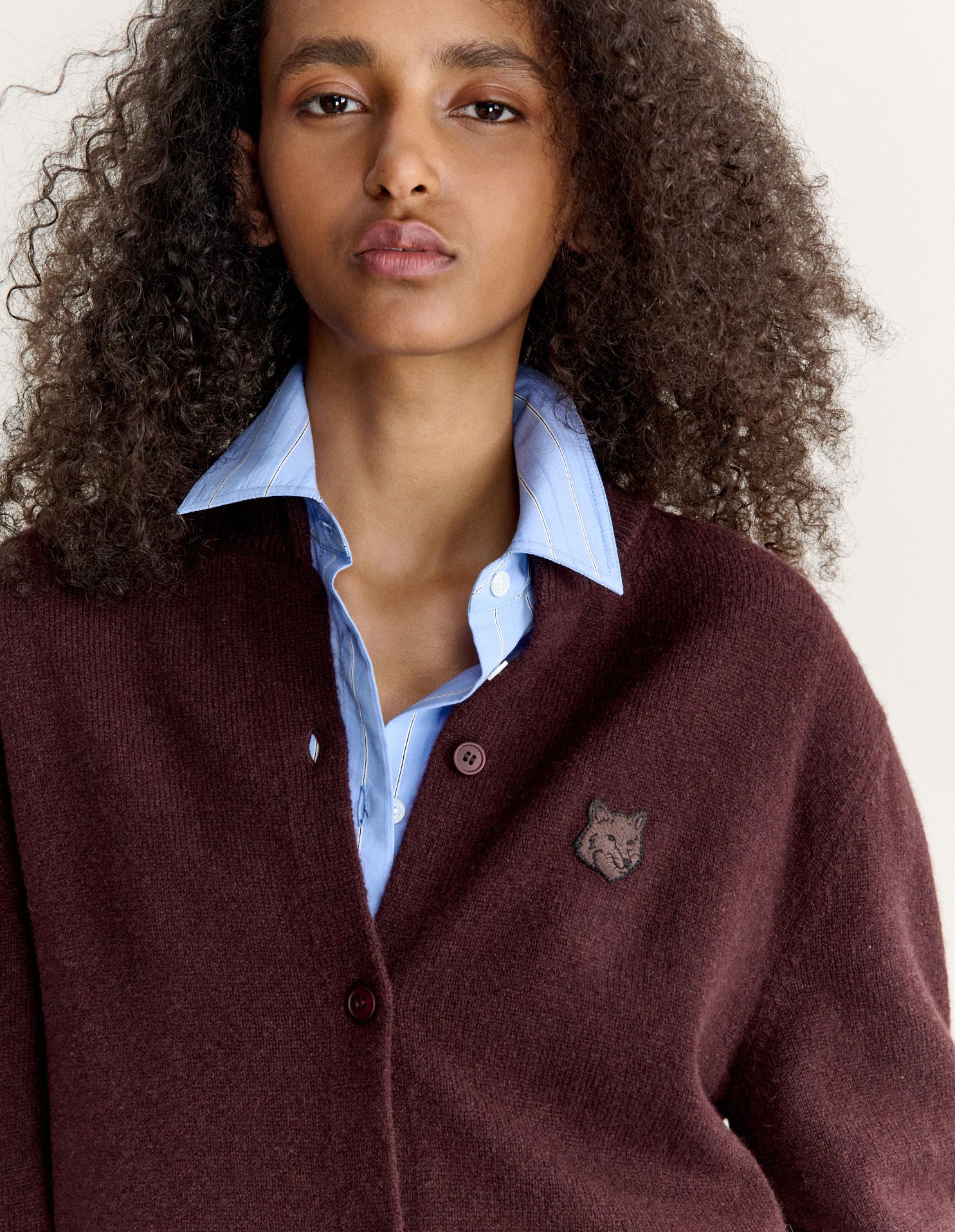 Áo cardigan nữ len lông cừu lambswool Fox Head cổ cao dáng boxy