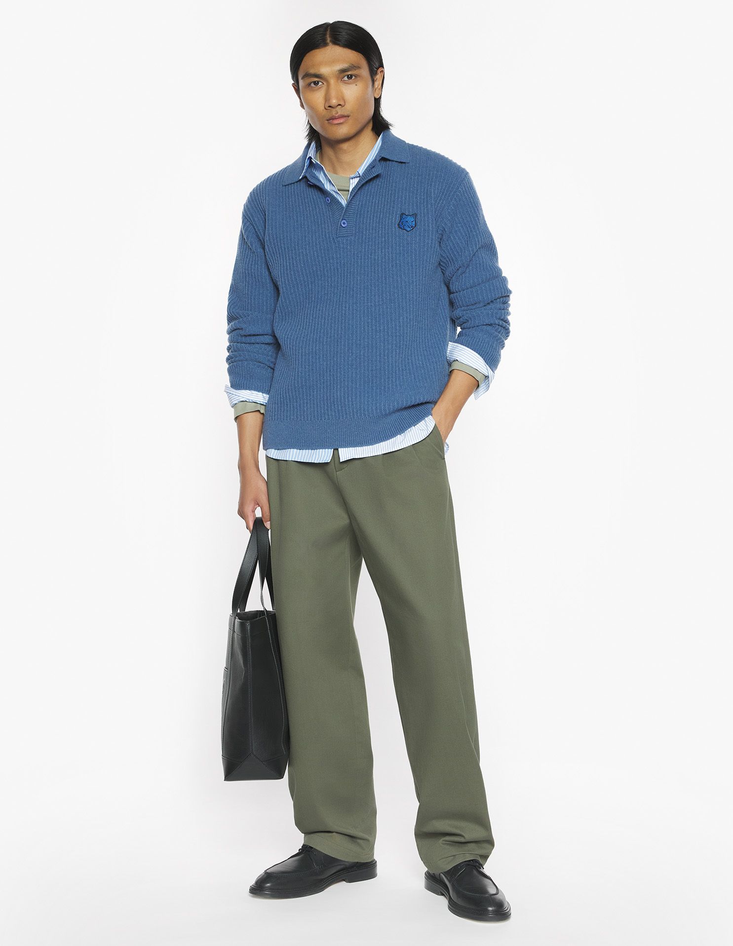Maison Kitsuné - Áo polo nam len gân Fox Head Wool dáng Regular