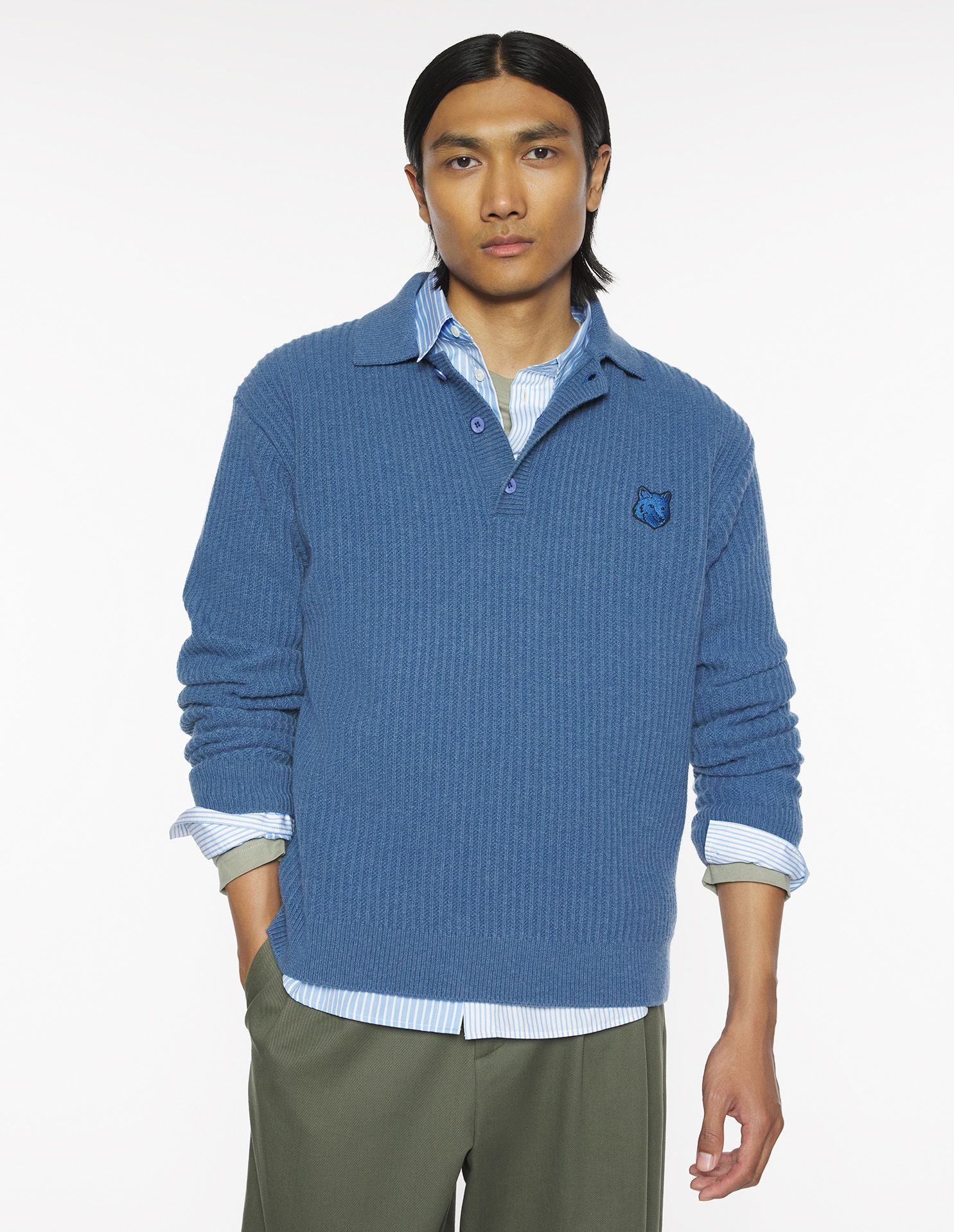Maison Kitsuné - Áo polo nam len gân Fox Head Wool dáng Regular