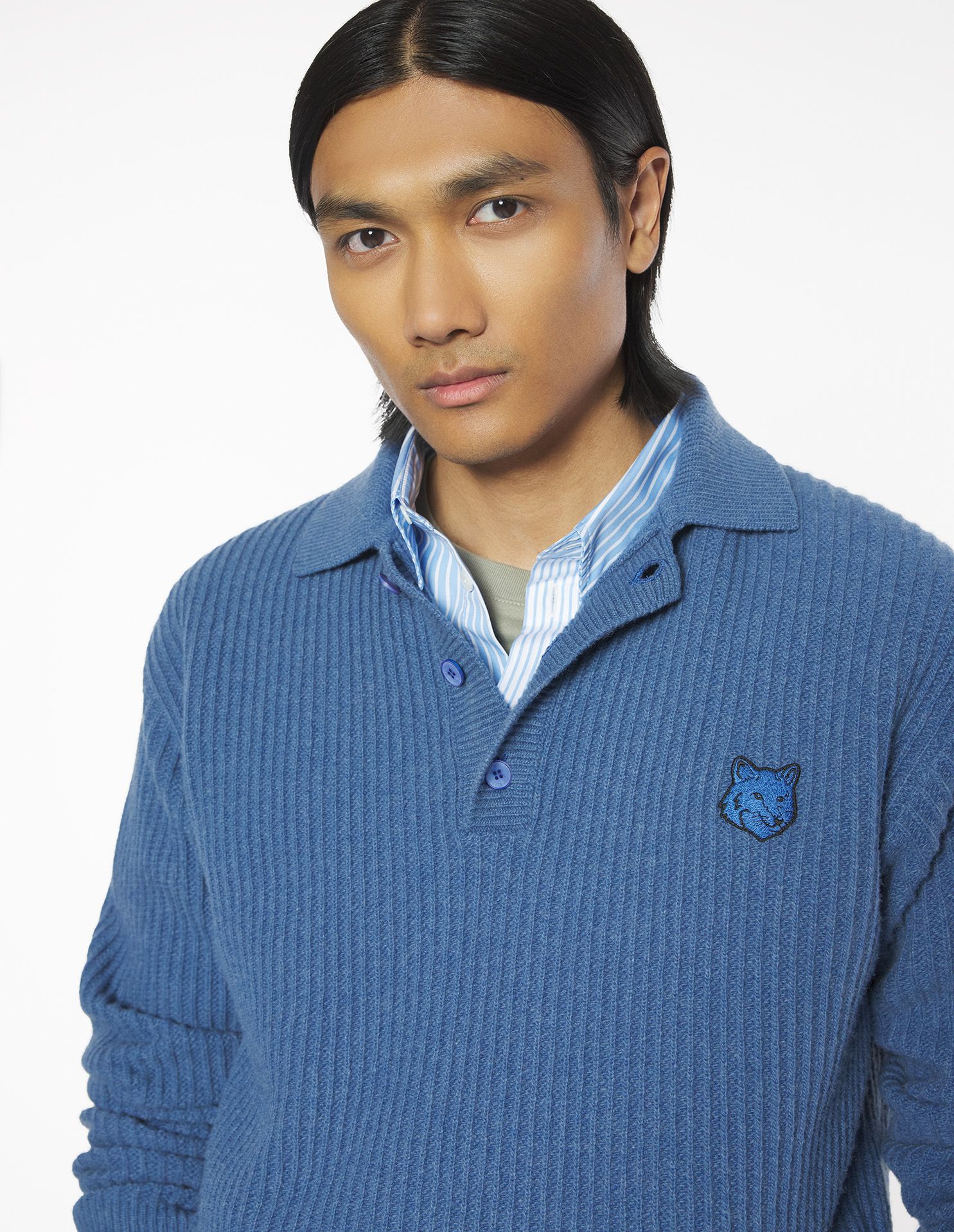 Maison Kitsuné - Áo polo nam len gân Fox Head Wool dáng Regular