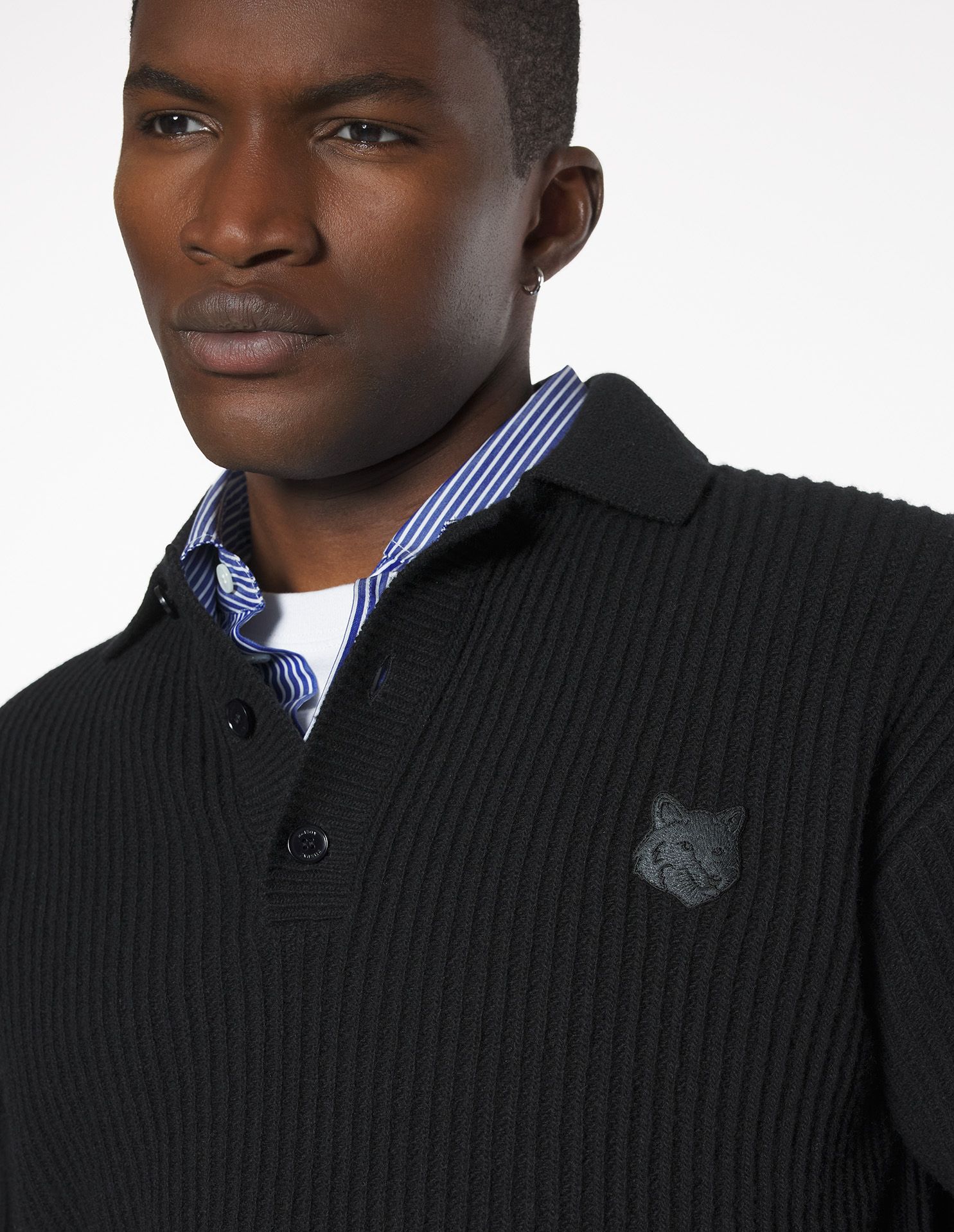 Maison Kitsuné - Áo polo nam len gân Fox Head Wool dáng Regular