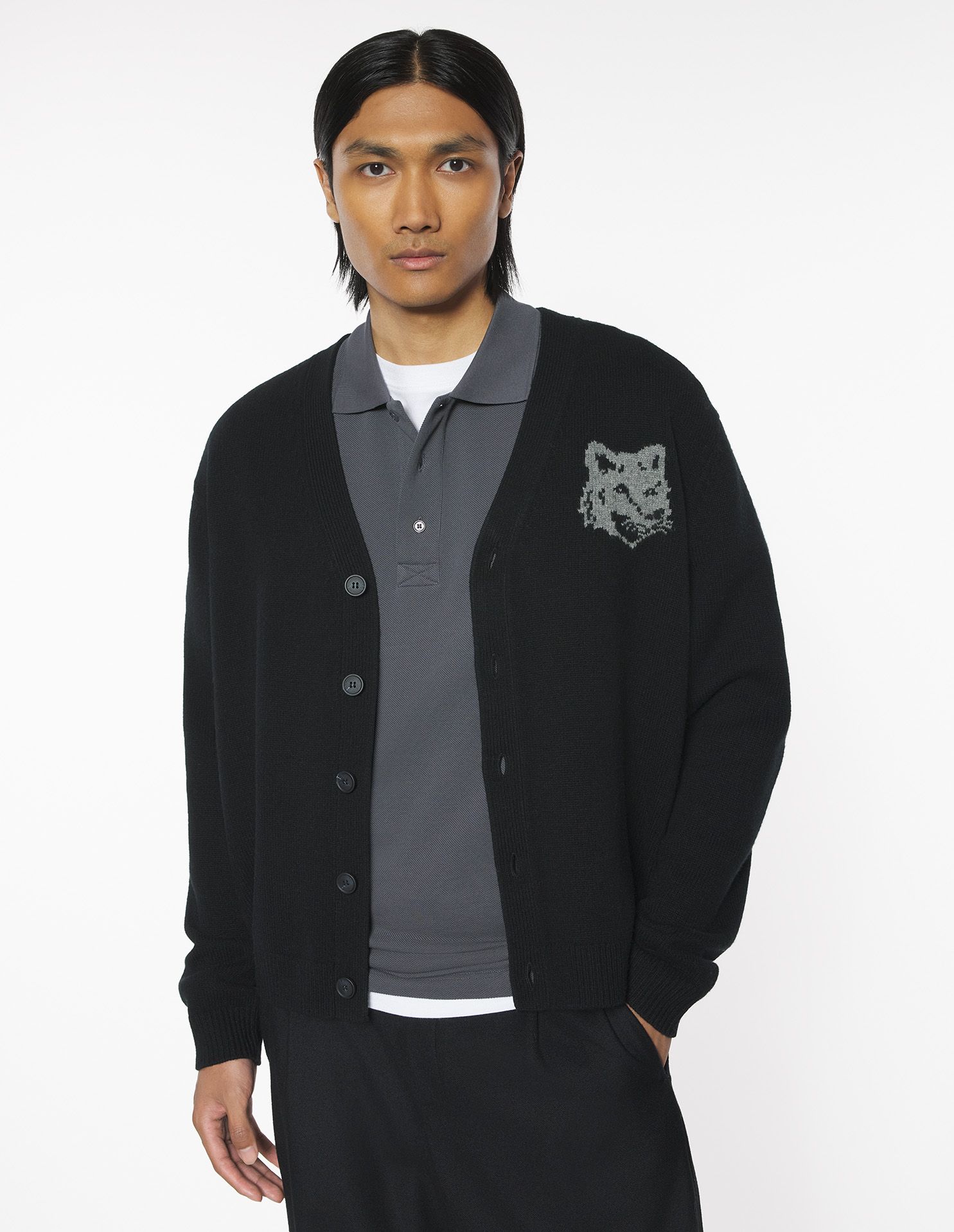 Maison Kitsuné - Áo cardigan len merino Fox Head Intarsia dáng Comfort