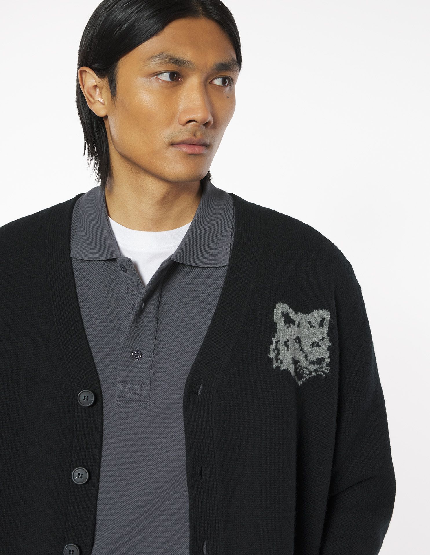 Maison Kitsuné - Áo cardigan len merino Fox Head Intarsia dáng Comfort