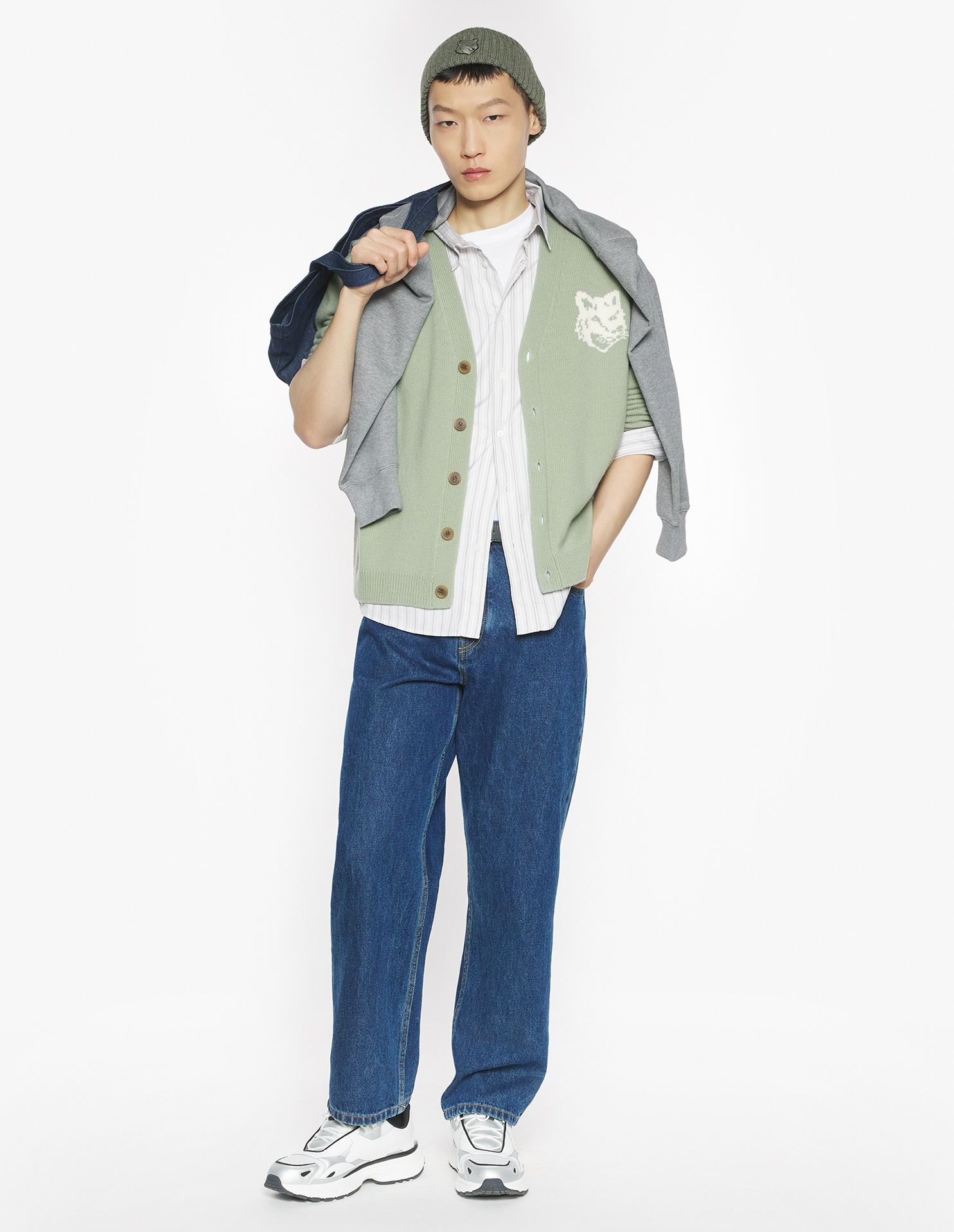 Maison Kitsuné - Áo cardigan len merino Fox Head Intarsia dáng Comfort