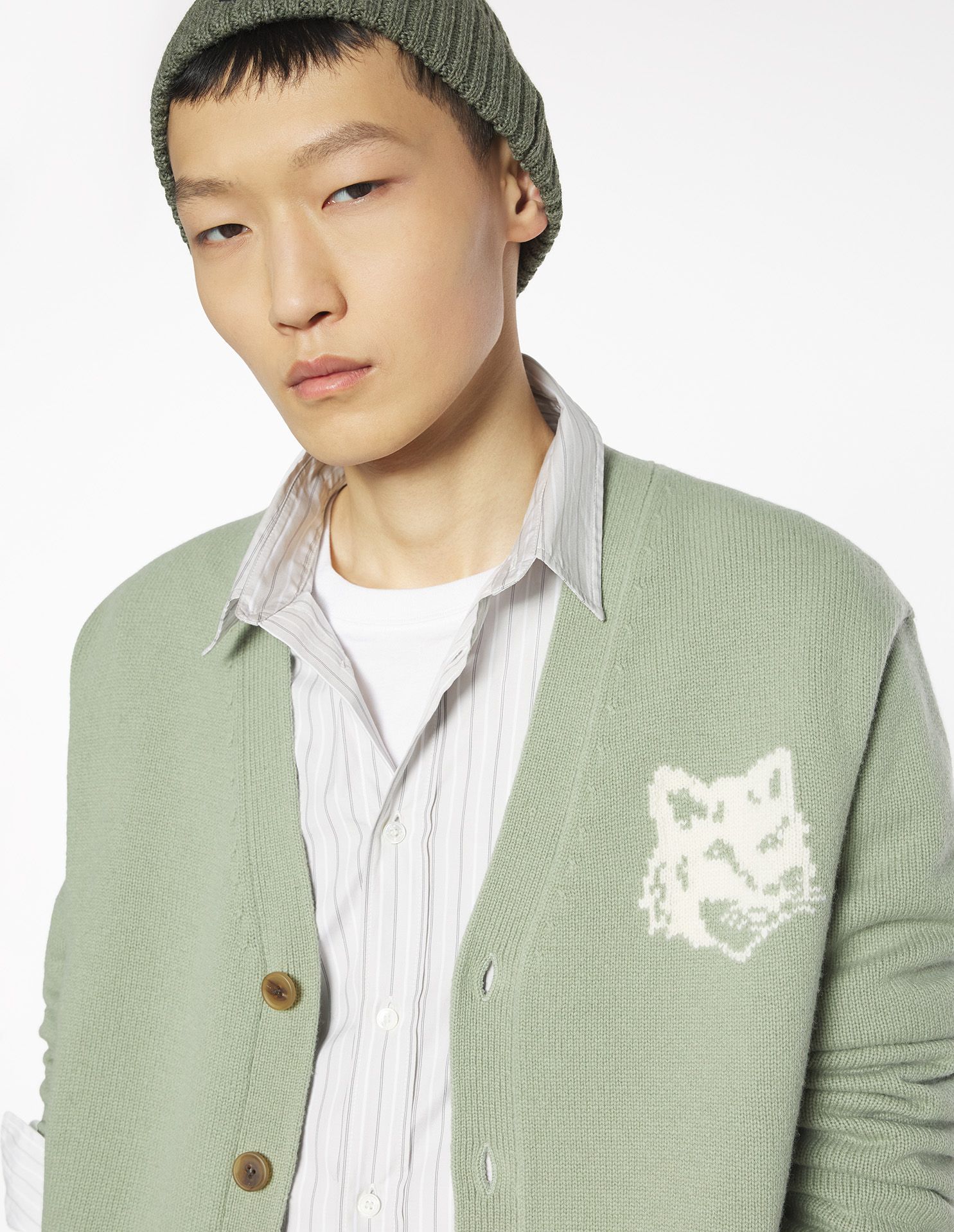 Maison Kitsuné - Áo cardigan len merino Fox Head Intarsia dáng Comfort
